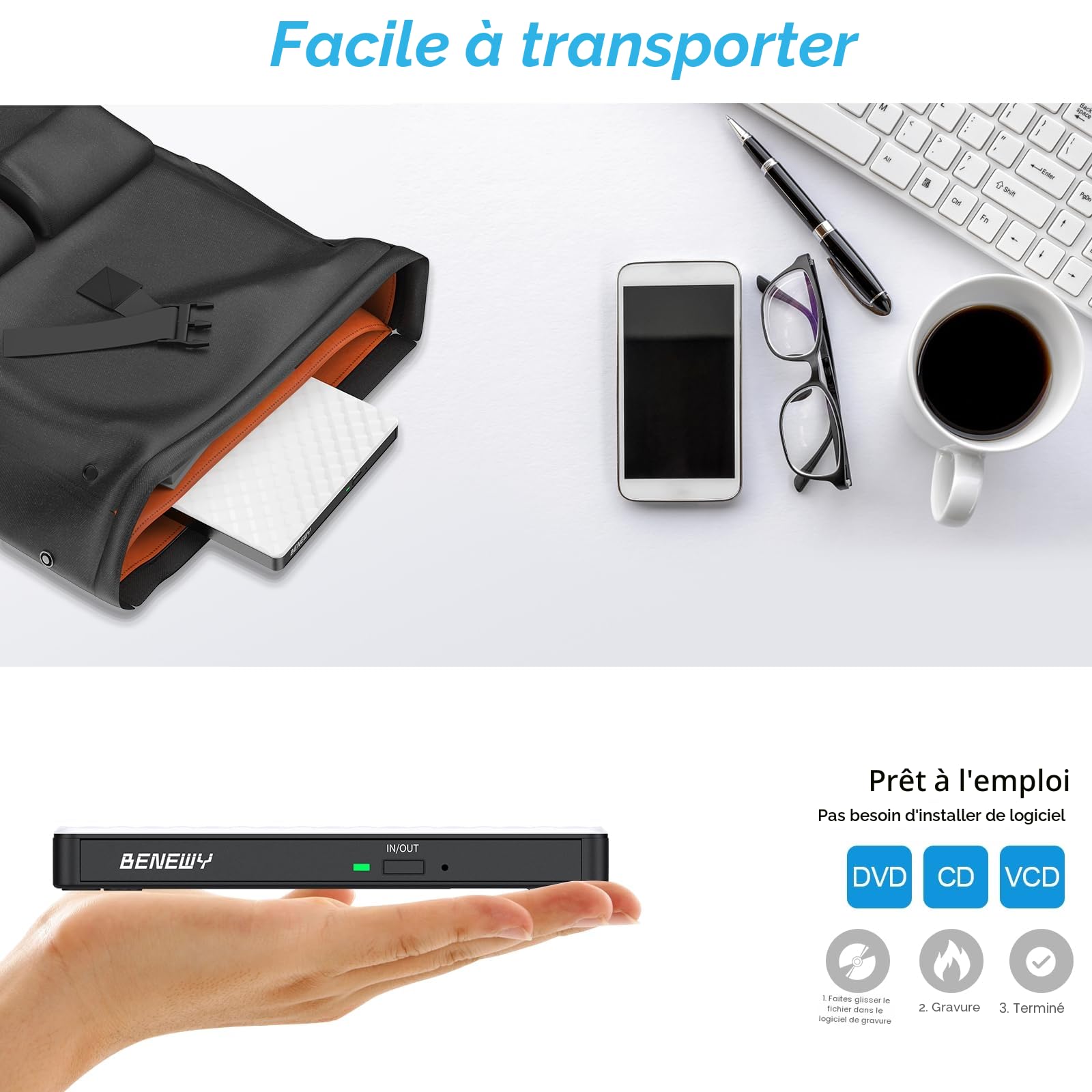 BENEWY Lecteur DVD CD Externe,USB 3.0 Graveur DVD CD Externe Lecteur CD/DVD/ROM Optique Externe pour PC Laptop, Macbook, Mac OS,Windows11/10/8.1/7/XP/Vista