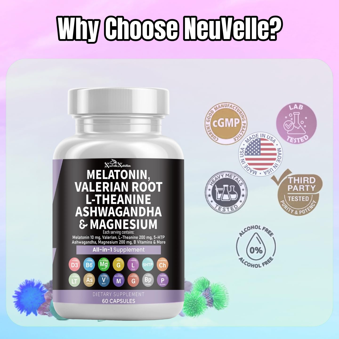 Melatonin Pills with Valerian Root, Ashwagandha, L-Theanine, Magnesium, 5-HTP, GABA, Chamomile, Lemon Balm, Passion Flower, Griffonia Extract, Vitamin C & L-Glycine Supplement — Amazon image 6