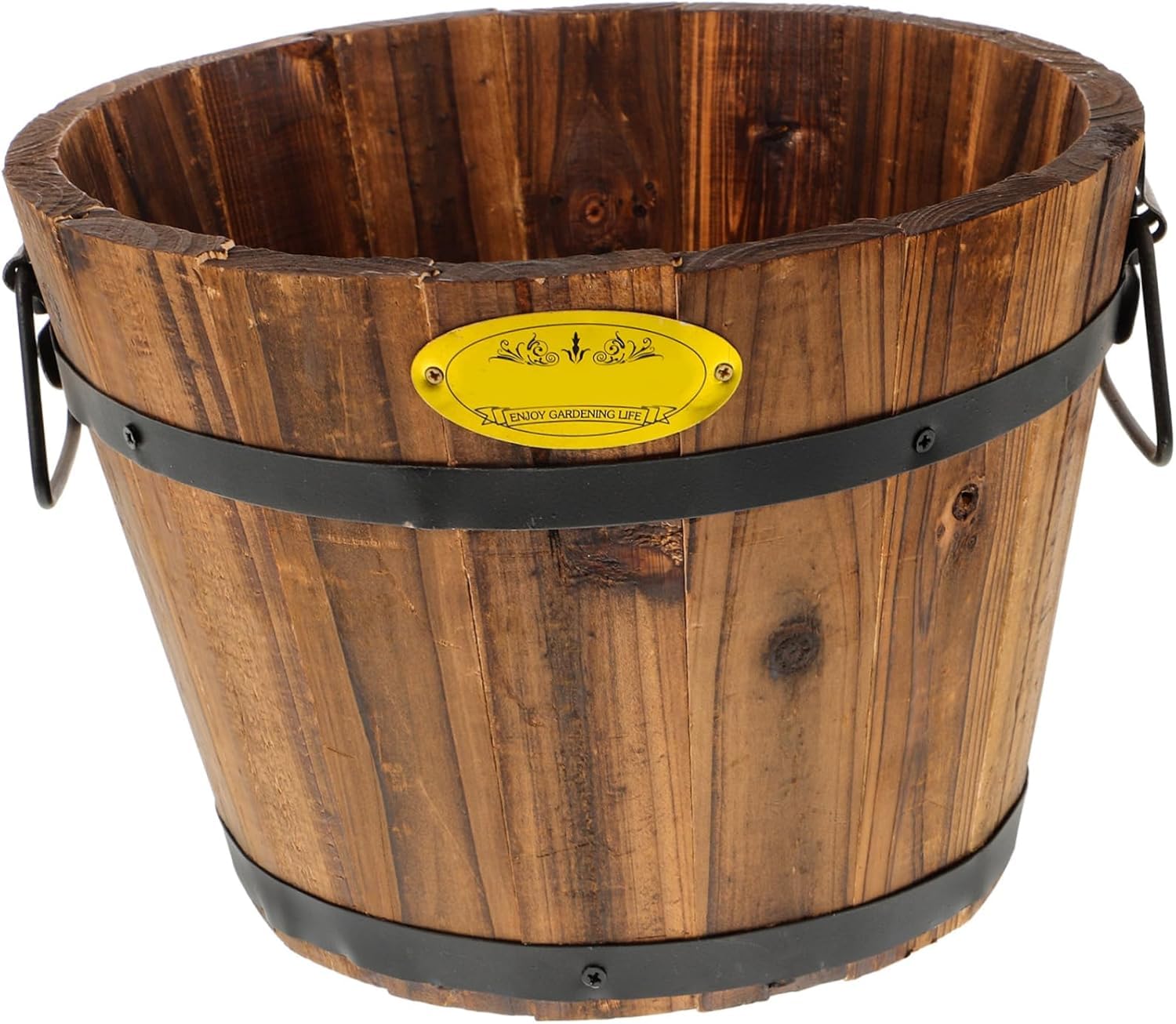 Niltracy Wooden Barrel Planter 10.2 Inch Round Whiskey Barrel Flower Pot Rustic Wooden Flower Bucket with Handle for Indoor Outdoor Garden Balcony
