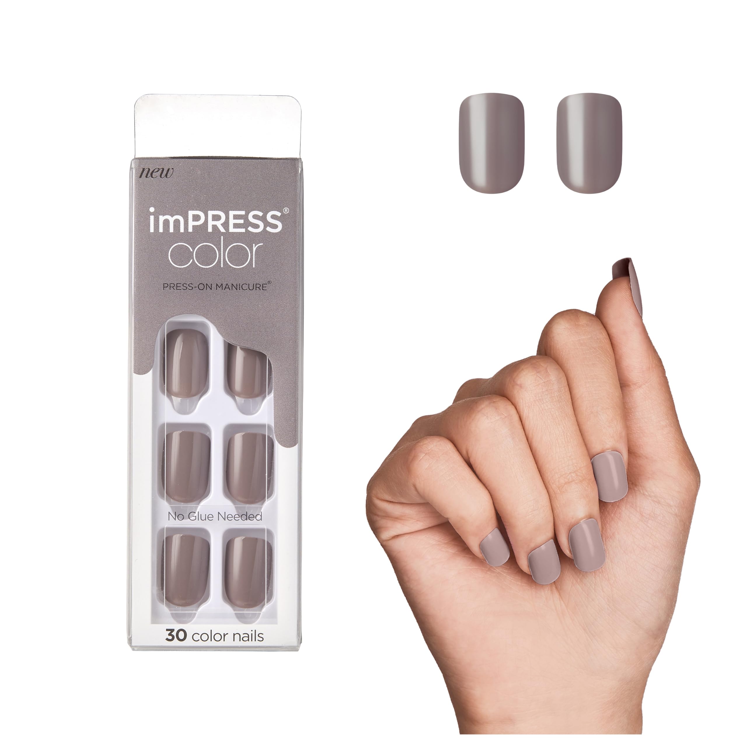 KISS imPRESS Color Press-On Manicure, Gel Nail Kit, PureFit Technology, Short Length, “Taupe Prize”, Polish-Free Solid Color Mani, Includes Prep Pad, Mini File, Cuticle Stick, and 30 Fake Nails