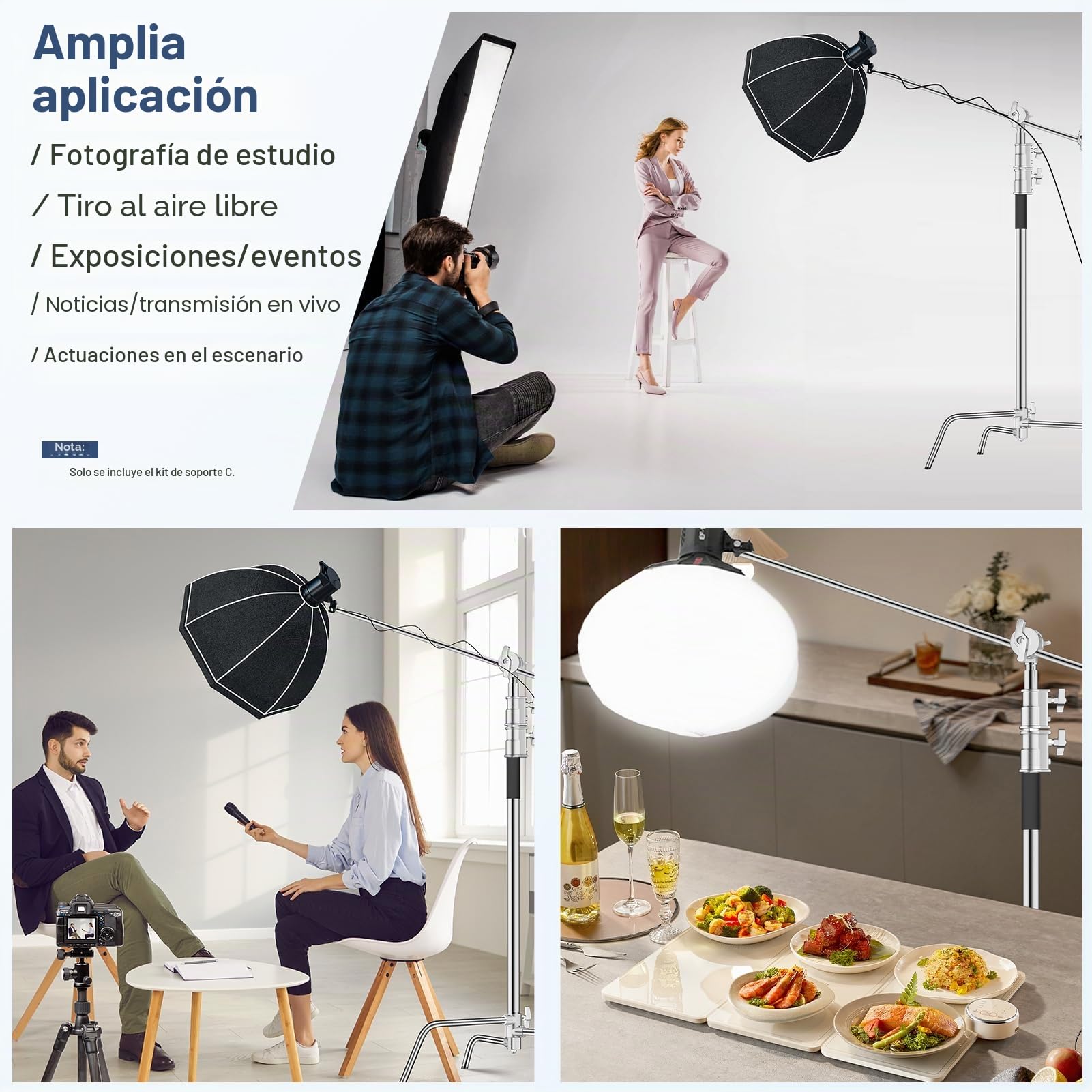 EMART C Stand Extensible con Brazo Jirafa de 128cm, 300cm Soporte de Iluminación de Acero Inoxidable Ajustable para Reflector, Softbox, Monolight, Paraguas