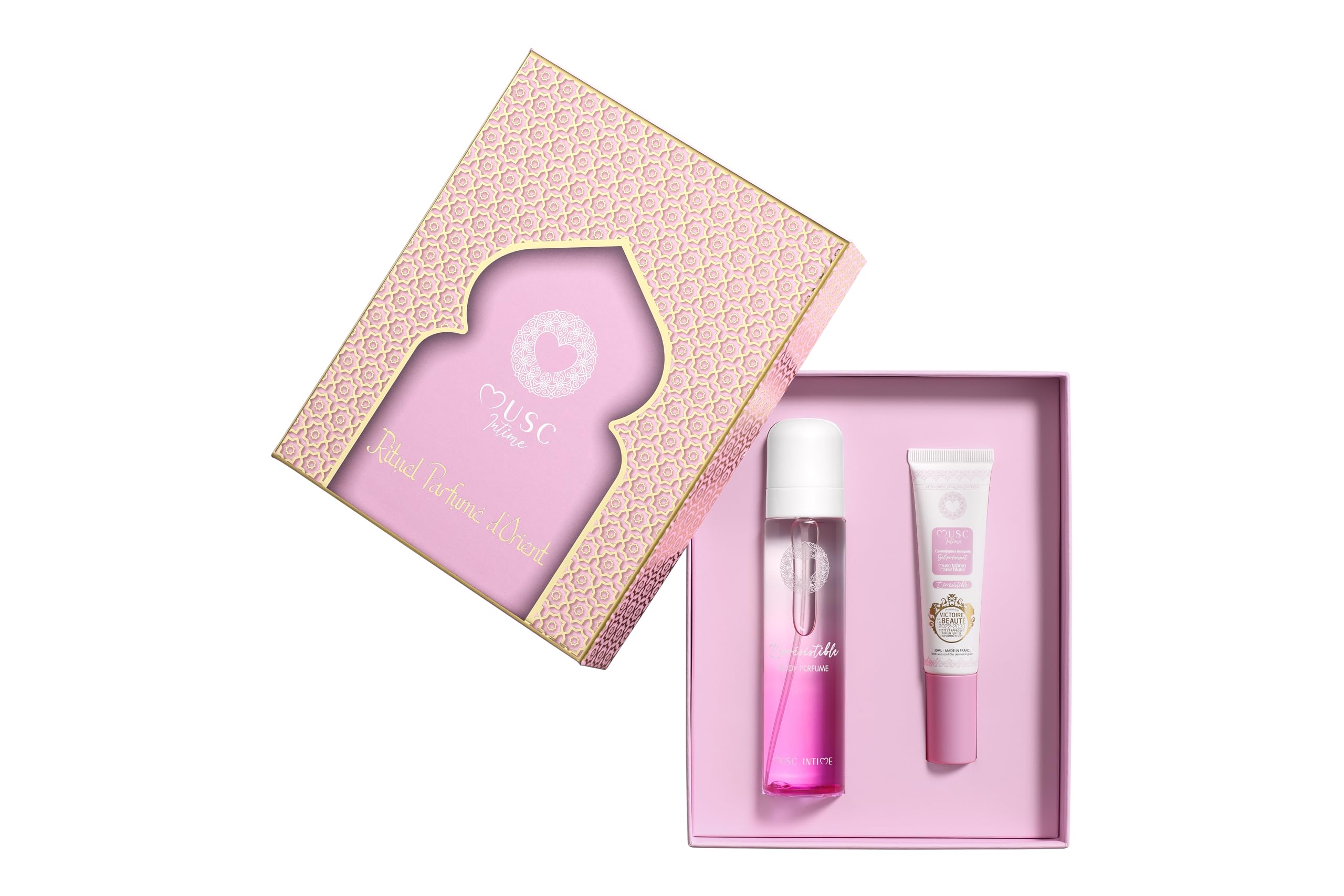 MUSC INTIME La Marque Officielle - Coffret Rituel d'Orient - Gel Parfumant + Brume Corps - Musc Blanc - L'Irrésistible - 30 ml & 120 ml