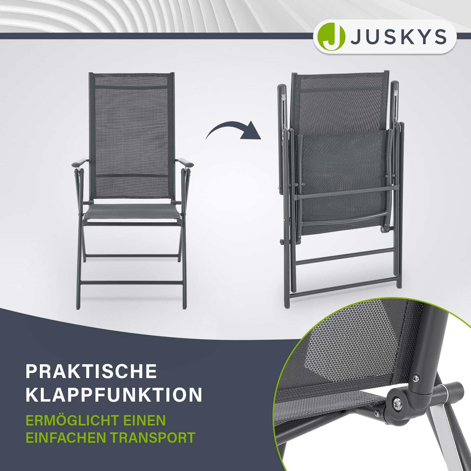 Juskys Calena Gartenstuhl 2er Set Anthrazit - 7-Fach verstellbar klappbar - pulverbeschichteter Stahl