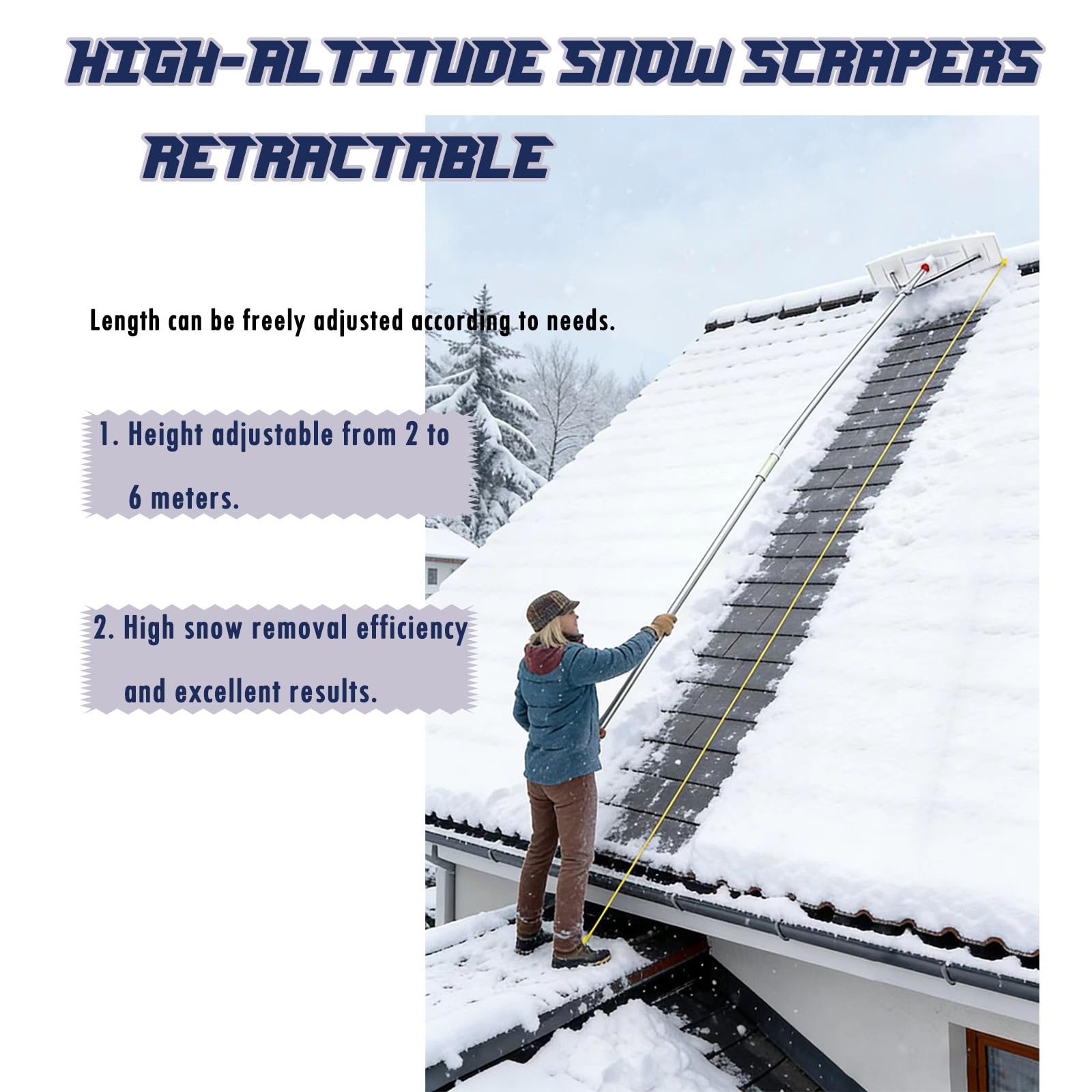 Râteau à neige léger en aluminium pour toits, poignée extensible, pelle à neige portable, pour panneaux solaires et vérandas, outil de retrait (3-6 m, raclette incurvée)
