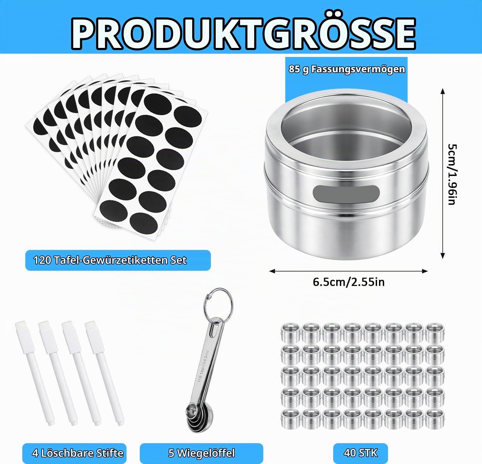 40 Stück Gewürzdosen Magnetisch aus Edelstahl, 89ml / 3oz Magnetische Gewürzbehälter mit Sichtfenster, 10 Blatt Etiketten, 4 Stifte & 5 Messlöffel, Gewürz Organizer für Küche, Kühlschrank & Grill