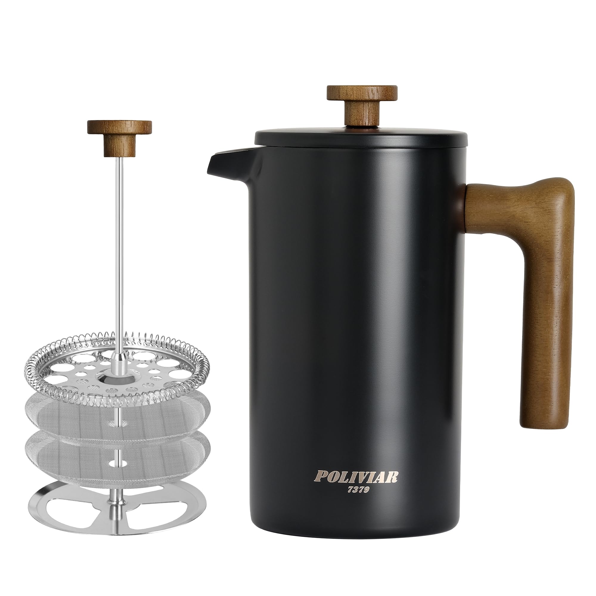 POLIVIAR Cafetiere 8 Cup, French Press Coffee Maker with Wood Handle, Double Walled Insulated Cafetiere &1 Extra Filter