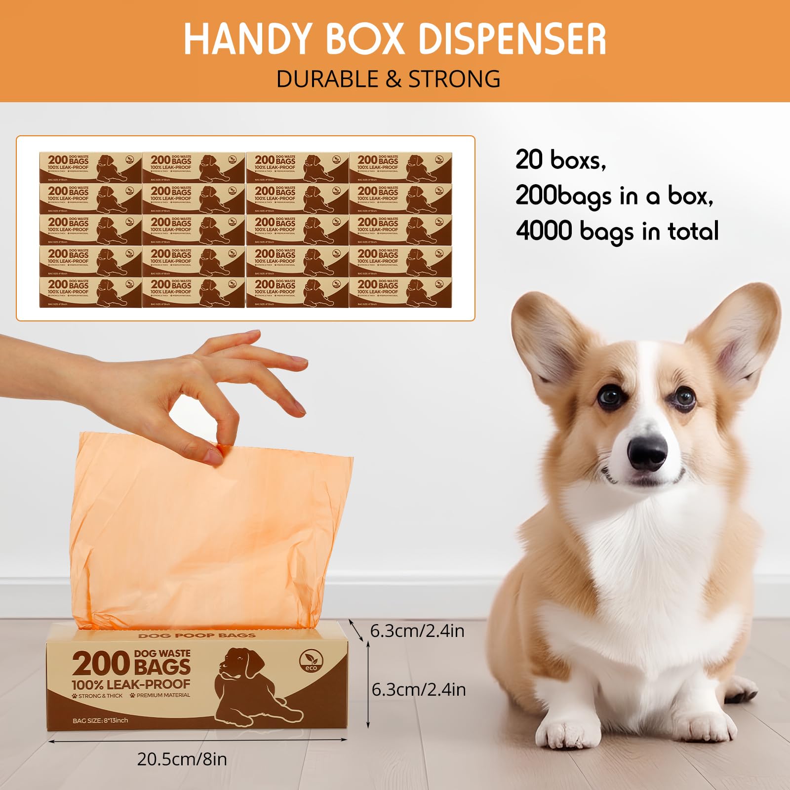 Sherr Hundekotbeutel, auslaufsicher, universal, für Welpen, Haustiere, Outdoor-Spaziergänge und Reisen, 20 Rollen mit je 200 Stück, Orange, 20 Rollen à 200 Stück