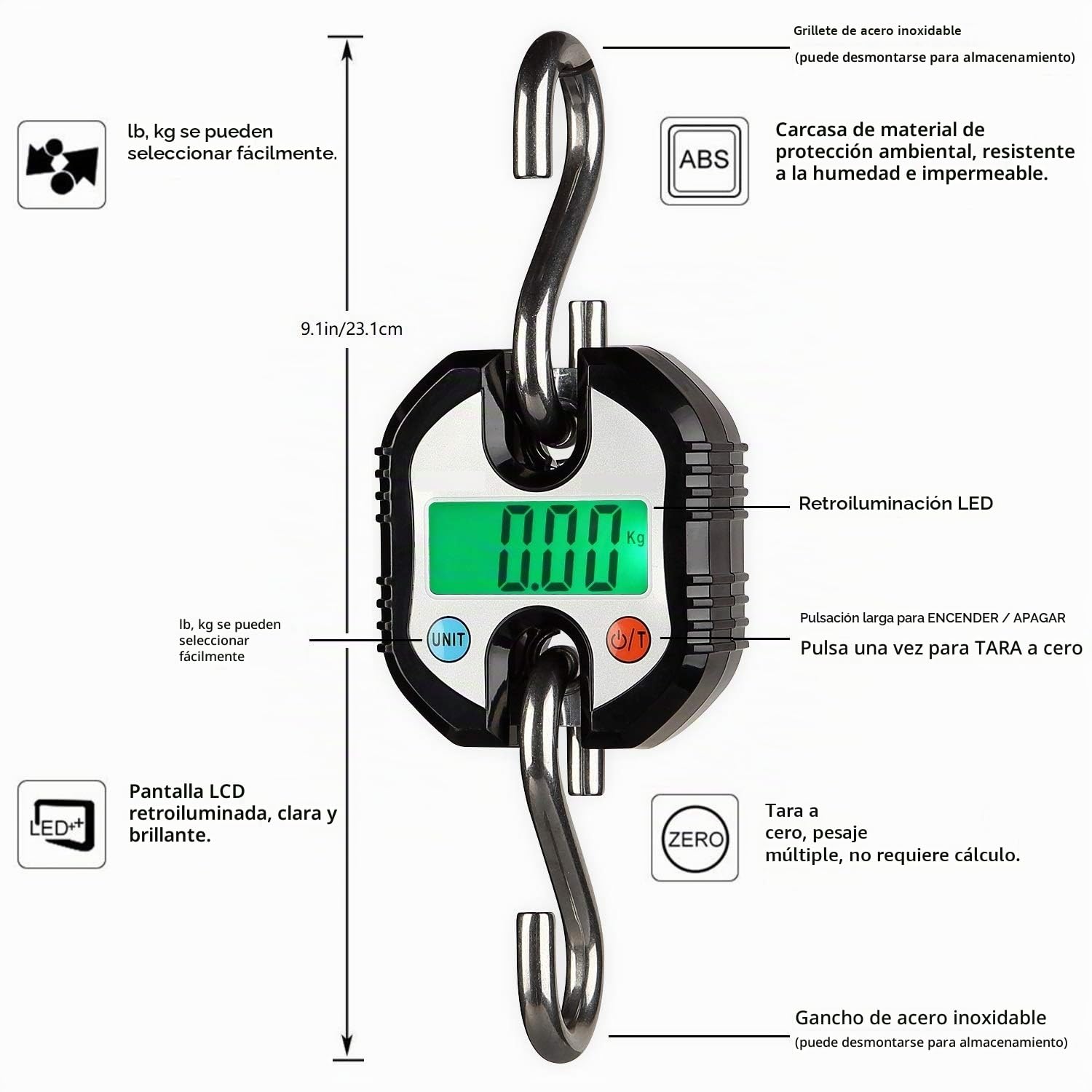 Rhorawill Bascula Digital Viaje Digital Balanza Báscula de Equipaje Báscula de Pesca, Hasta 150 kg, Bascula Viaje con Pantalla LCD y 2 Ganchos Desmontables, Para Viaje, Pesca, al Aire Libre (Negro)