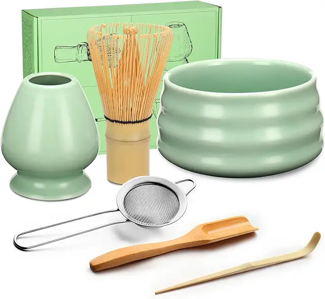 Geebuzz Matcha Whisk Set - 6-Piece Matcha Tea Ceremony Kit with Bowl, Whisk, Scoop, Spoon, Sifter, Holder