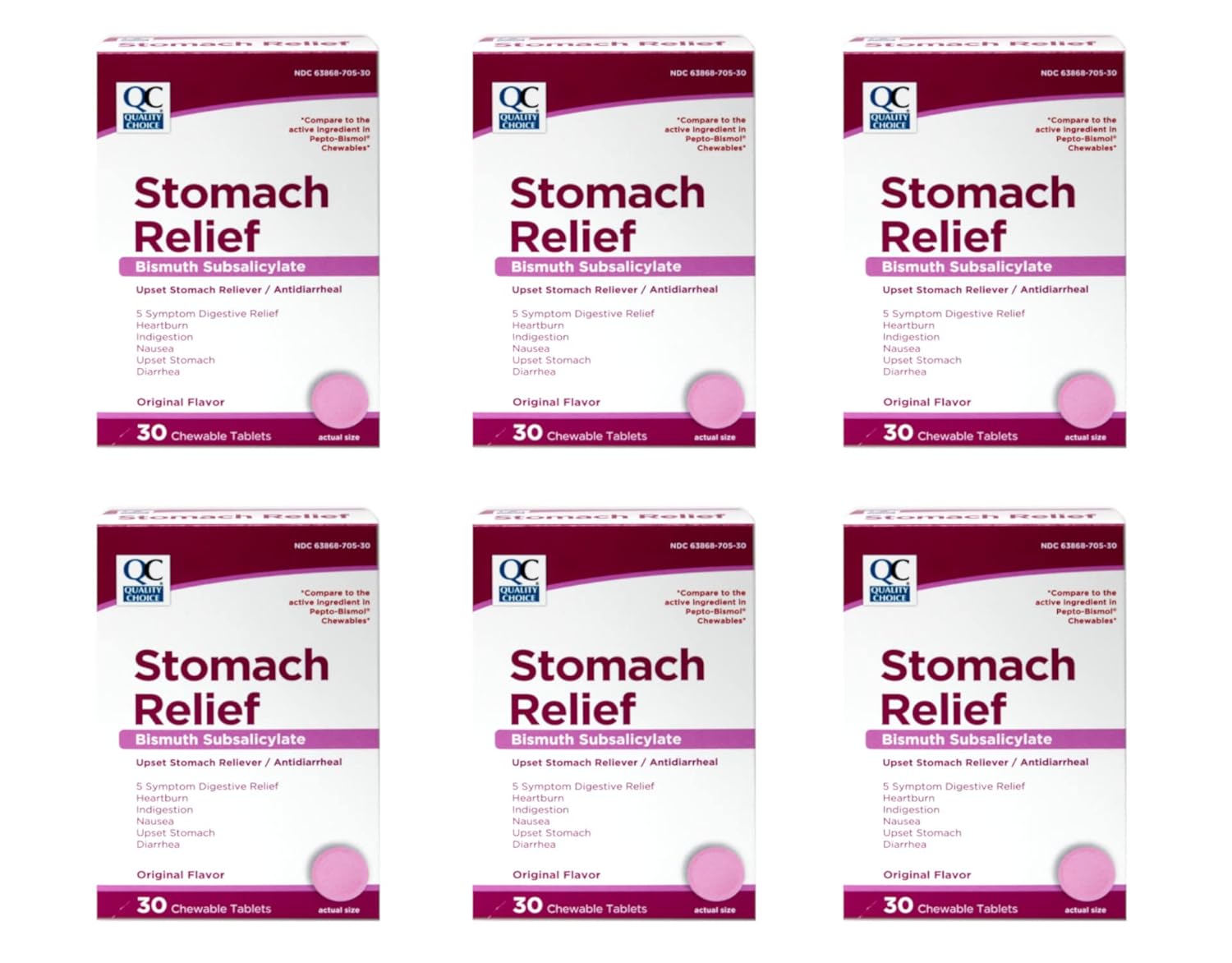 Comprimidos Mastigáveis Pink-Bismuth Quality Choice 30 Comprimidos, Caixa com 6 Unidades - Alívio Rápido para Azia e Indigestão