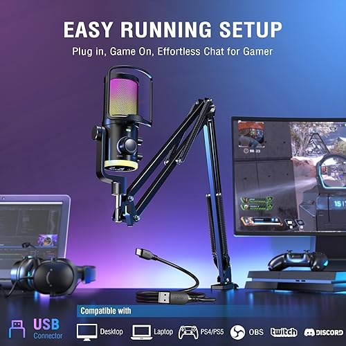 Miniatura 5 de FIFINE Kit de micrófono de transmisión USB para juegos, micrófono de condensador con RGB, cancelación de ruido, Dial de juego/chat Plug & Play