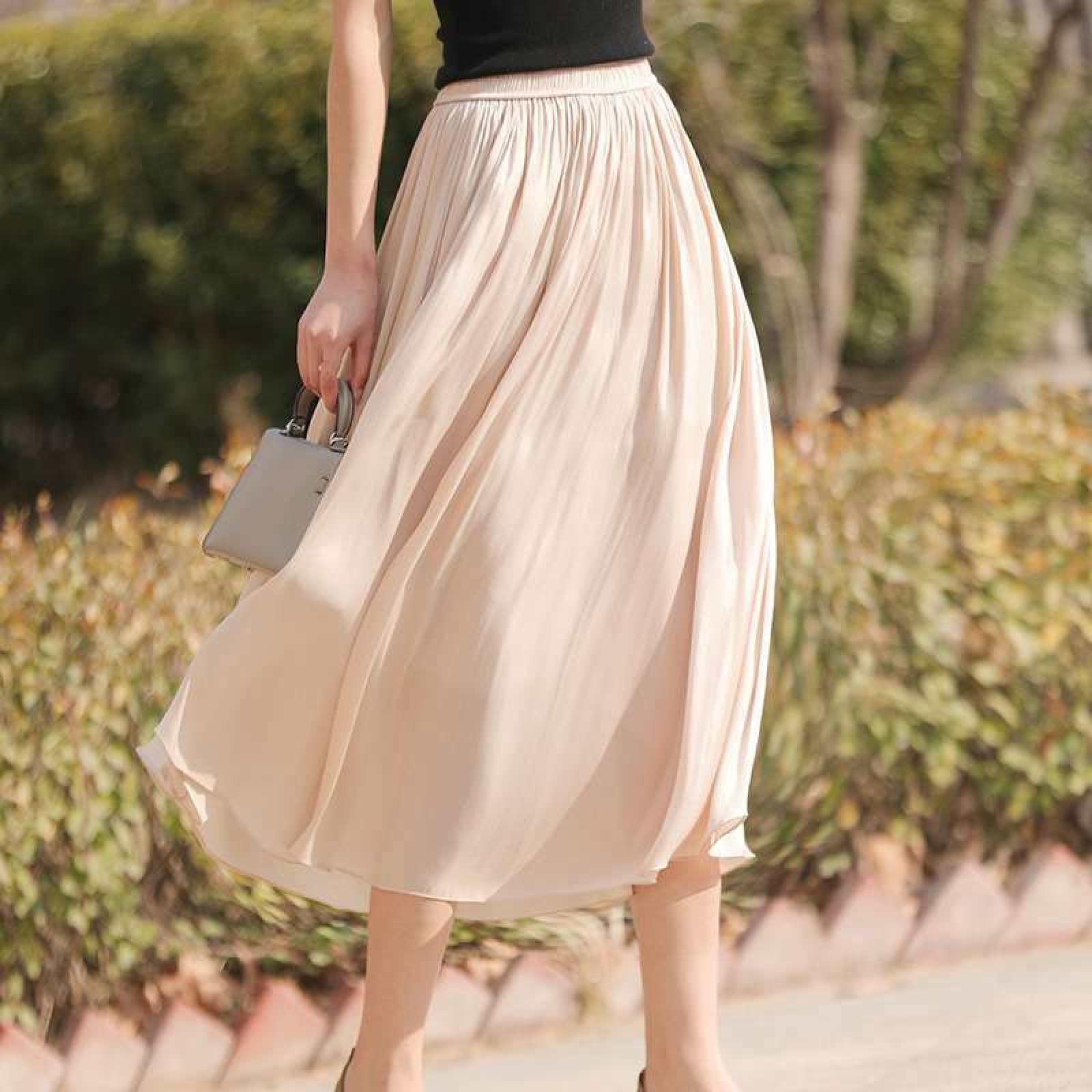 Jupe Taille Haute en Satin De Soie pour Femme - Jupe Trapèze D'Été De Couleur Unie Jupe Trapèze en Maille Jupe Mi-Longue Polyvalente Jupe Parapluie Élancée, Jupe Drapée Douce Et Soyeu