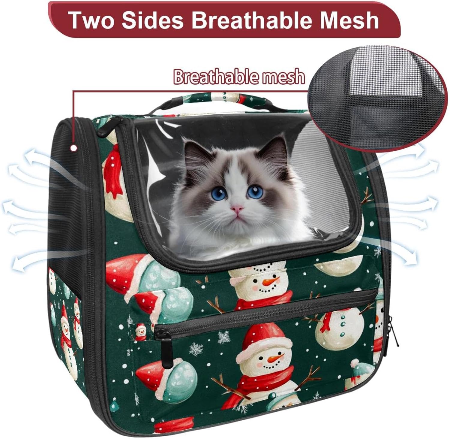 Portable Travel pet Backpack Carrier Hamster Bag Small Dog cat Carrier Breathable Hang Bag, Merry Christmas Snowman