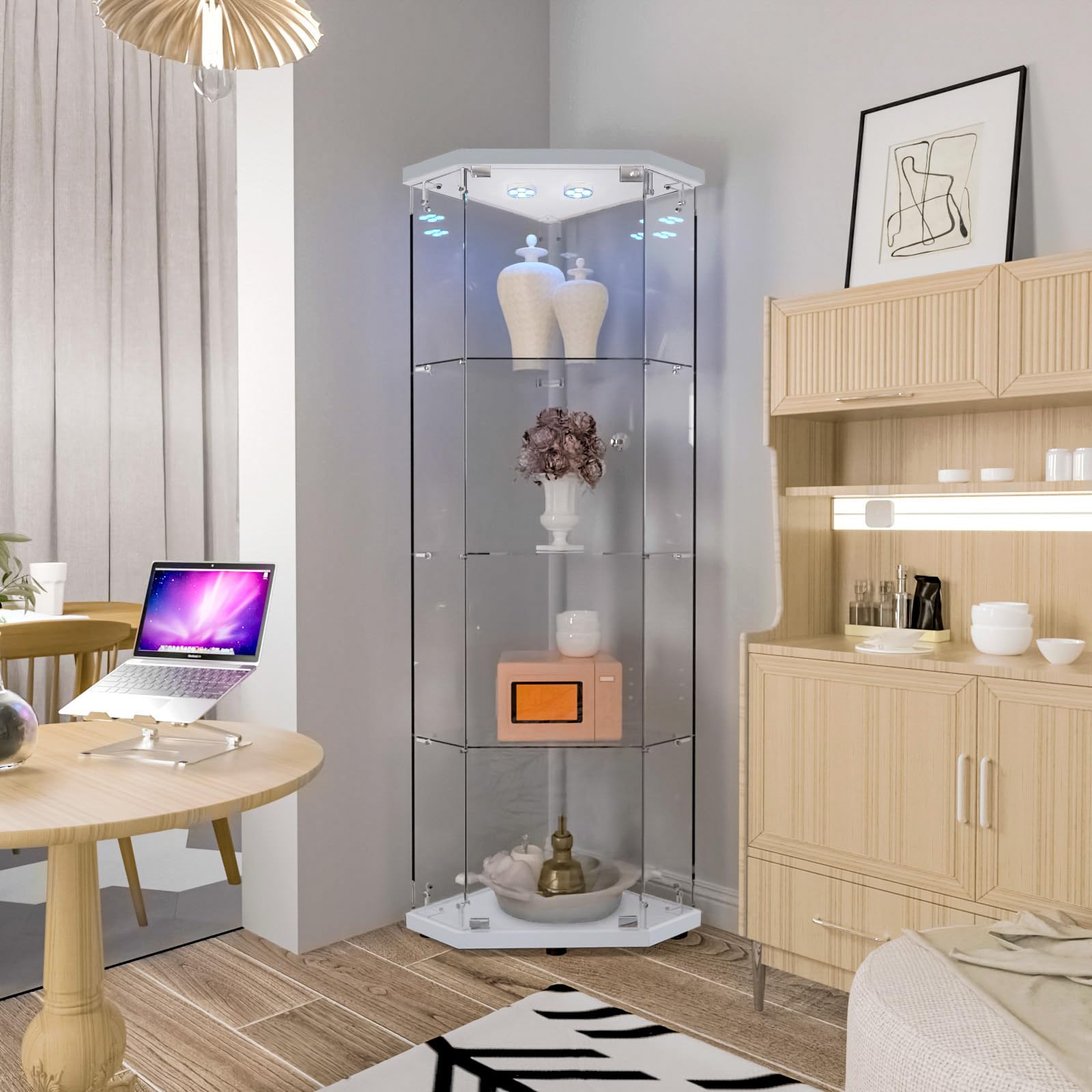 Beauty4U Corner Glass Display Cabinet with LED 4-Shelf Curio Cabinet White