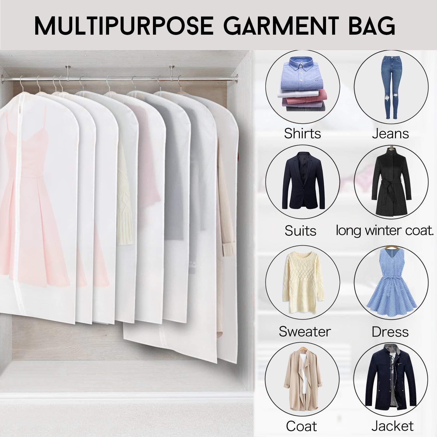 Refrze Garment Bags with Zipper, Garment Cover, 8 Pack Clear Garment Bags, Hanging Garment Bag, Dress Garment Bags for Closet Storage or Travel, Breathable Garment Covers 24'' x 40''/ 8 Pack : Home & Kitchen