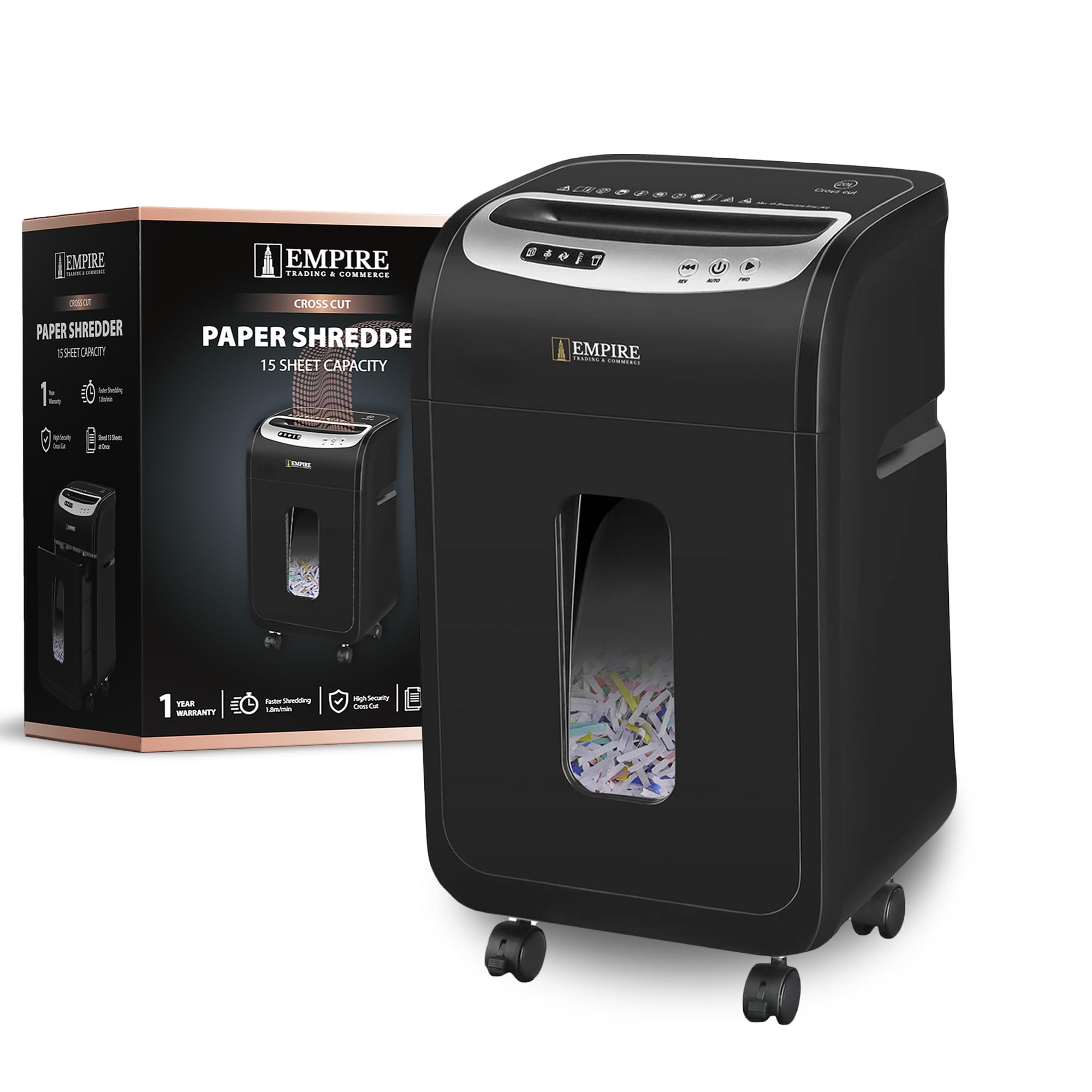 Paper Shredder on Wheel 15-Sheet Cross-Cut, 20 Litres Paper Shredder Machine for Home and Office Heavy Duty, Shred Paper Clips, Staples and Credit Cards (OS901-15C/Black)