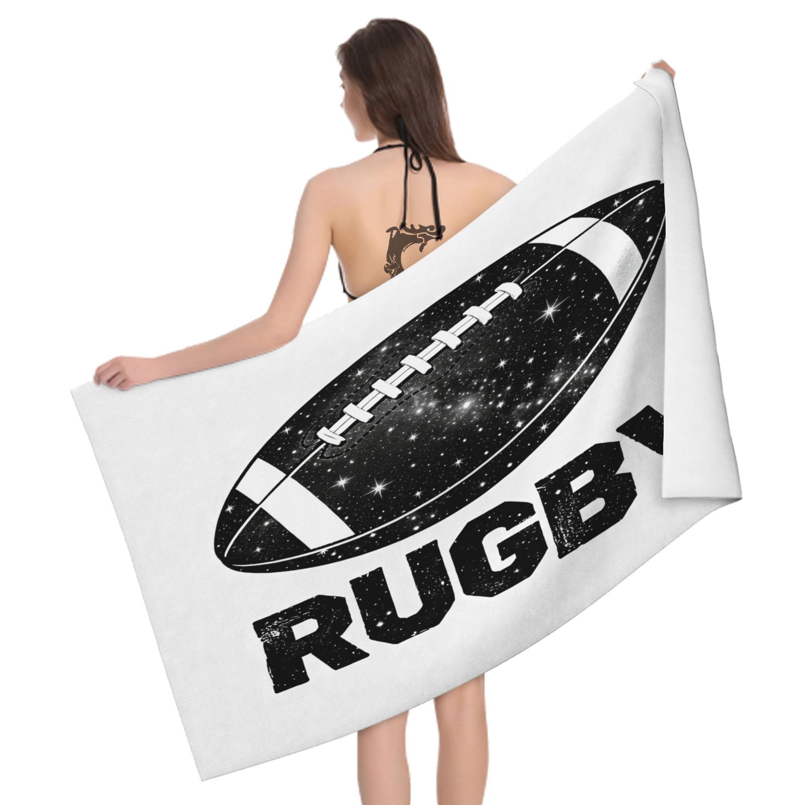 Leichong 3D Rugby Ball Beach Towel Microfiber Soft Quick Dry for Adults, Black White Illustration Bath Towel Lightweight Soft Absorbent for Travel Swimming Pool Sports, 75 x 150 cm