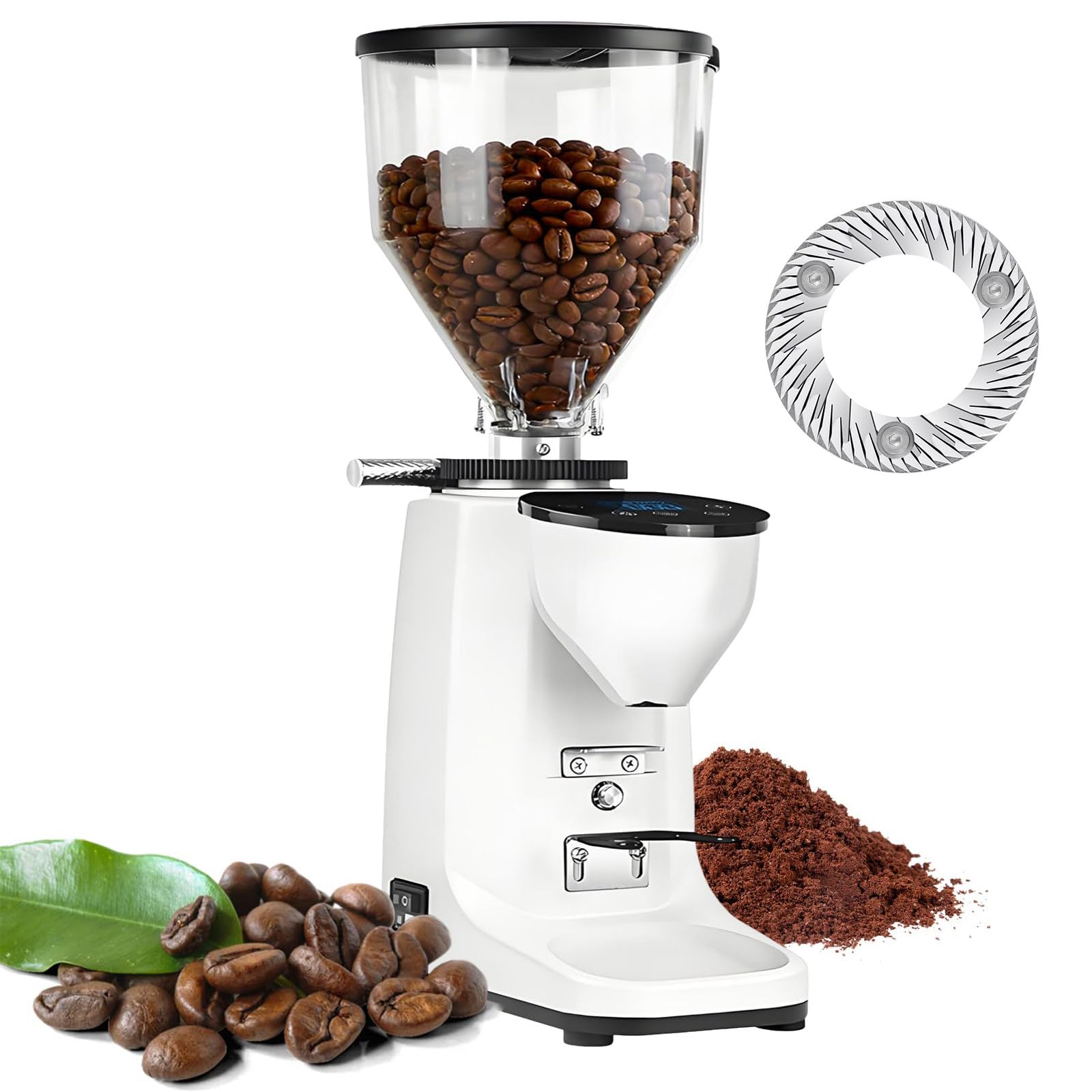 Macinacaffè Elettrico con Macina Piatta da 60mm, 19 Regolazioni di Macinatura Precise & Tramoggia Grande da 500g, Macinacaffè a Macine con Touchscreen LED per Espresso White