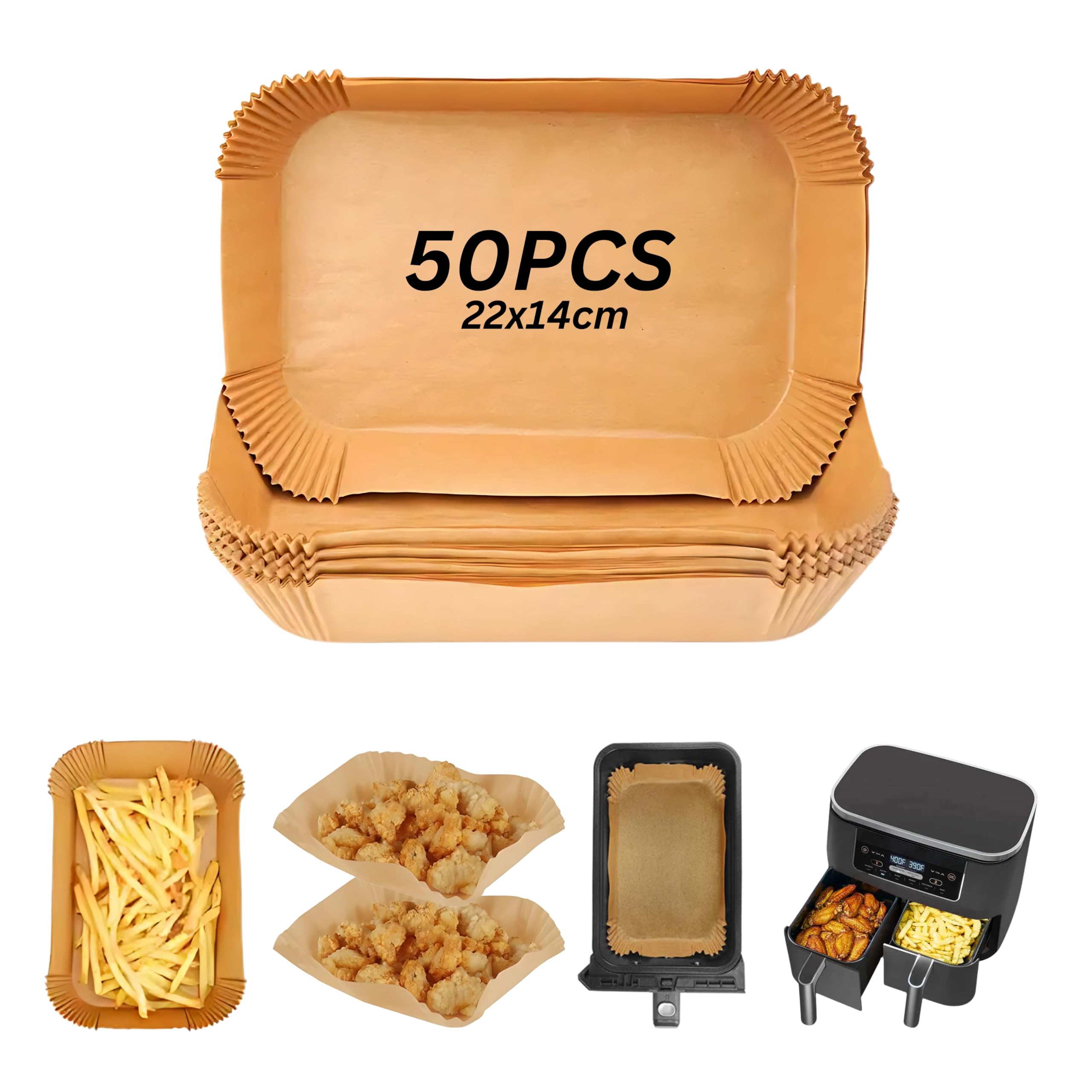 Air Fryer Paper Liners for Ninja Dual & Tower 22x14cm, 50PCS Disposable Air Fryer Liners, Non-Stick Parchment Paper Accessories, Compatible with AF300UK AF400UK & Other 9L Dual Drawer Air Fryers