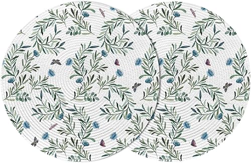 Set of 2 Placemats for Dining Table, Blue Flower Green Leaves Textured 15 Inch Decorative Round Braided Place Mat for Kitchen Living Room Parties