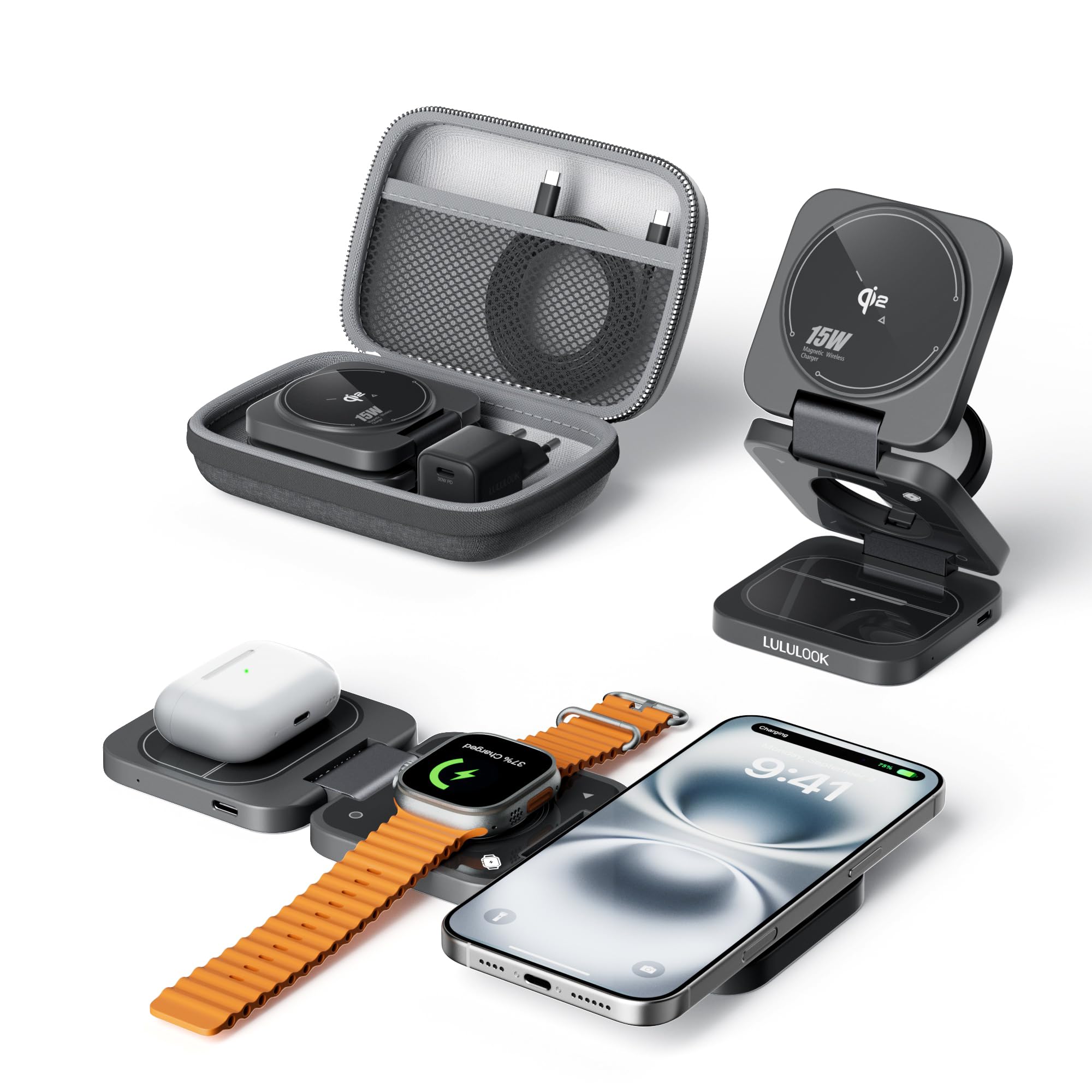 Stazione di Ricarica Qi 3 in 1 Apple con Made for Watch [MFi], Caricatore da Viaggio Pieghevole MagSafe 15 W Compatibile per iPhone 17 Pro Max/17 Air/17 Pro/17, Caricatore 5 W per Apple Watch 11