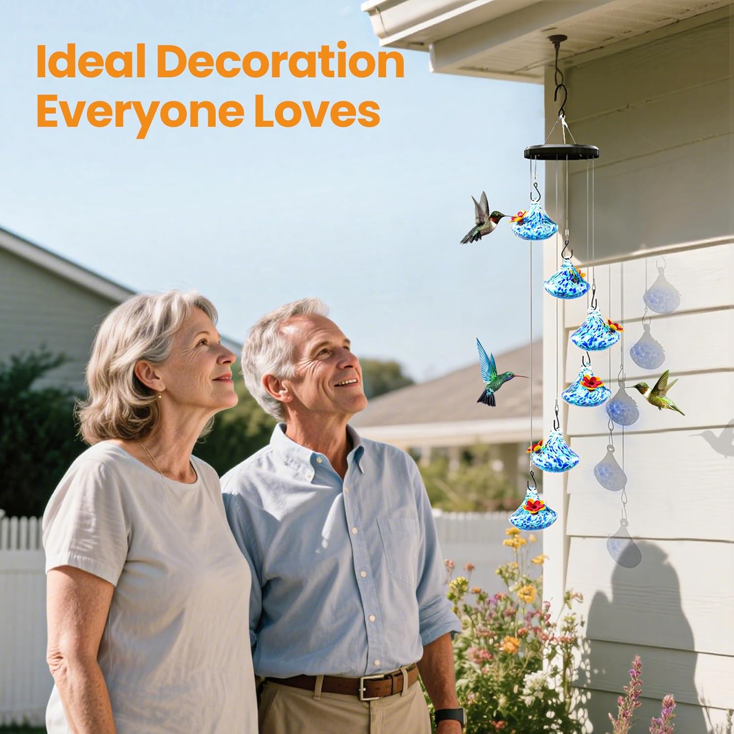 Wind Chime Glass Hummingbird Feeder - 20 Oz Outdoor Hanging Feeder with 6 Ports, Attract More Hummingbirds, Leak-Proof Design, Unique Garden Backyard Decor & Ideal Gift (Blue)