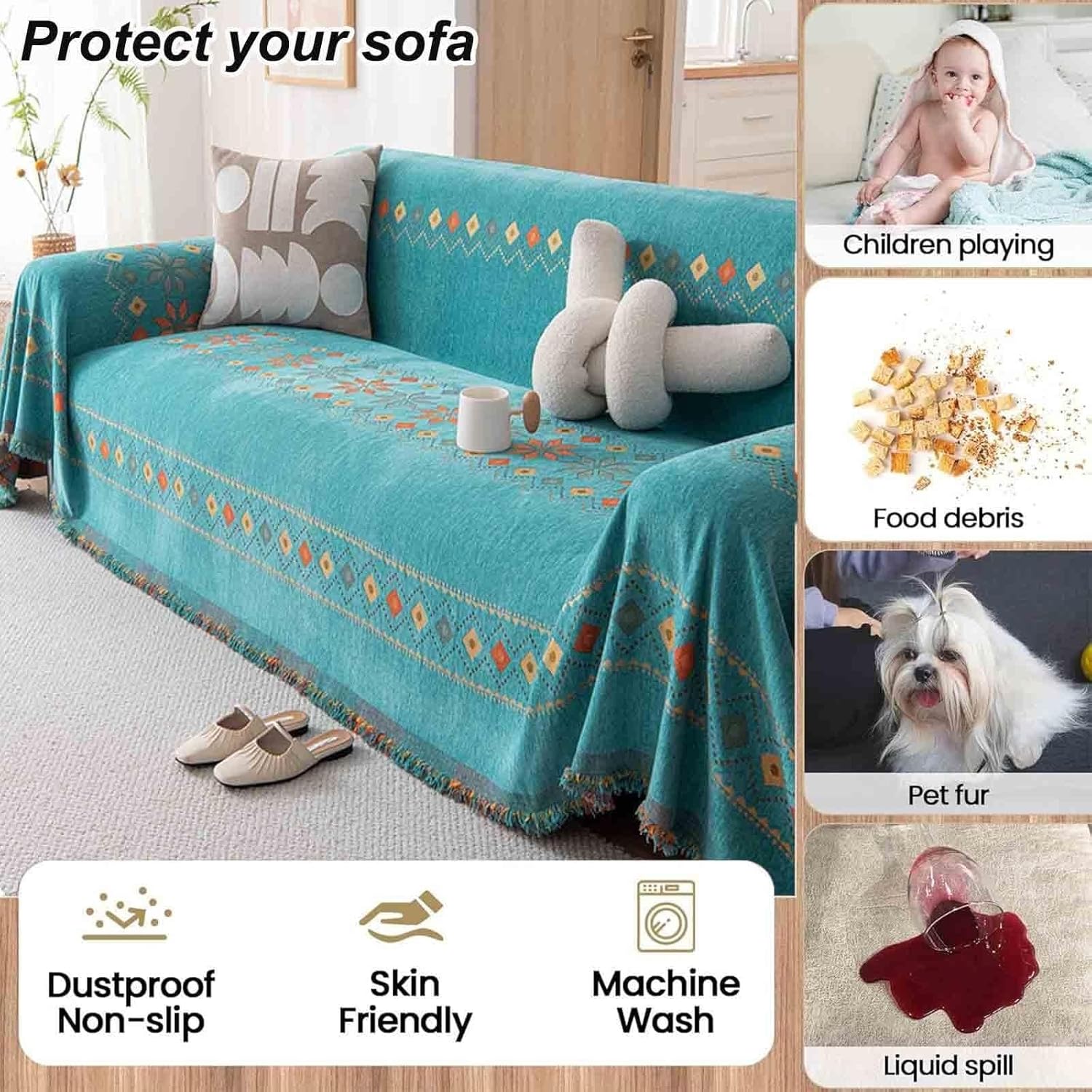 Konsilsa Large Sofa Throw Throws with Decorative Fringe, Versatile Woven Throws for Sofas, Settees, Couch and Armchairs, Fits 1/2/3/4 Seater(#3,180x180cm)