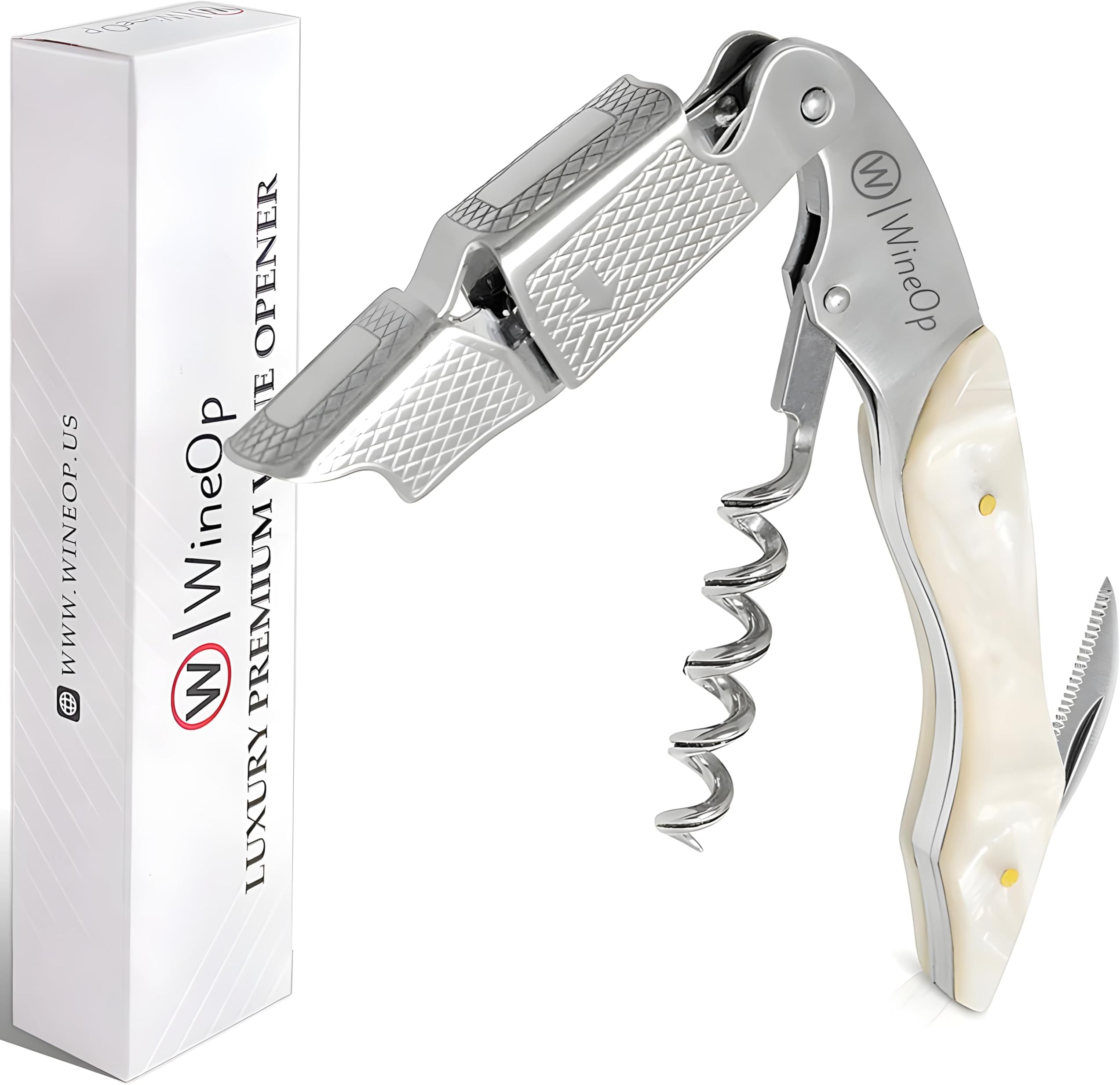 WineOp Professional Wine Opener Luxury Double Hinged Waiter's Corkscrew Wine Bottle Key - Cork screwer for Servers, Bartenders, Sommelier and Home Use | All-In-One Stainless Steel (White Resin)