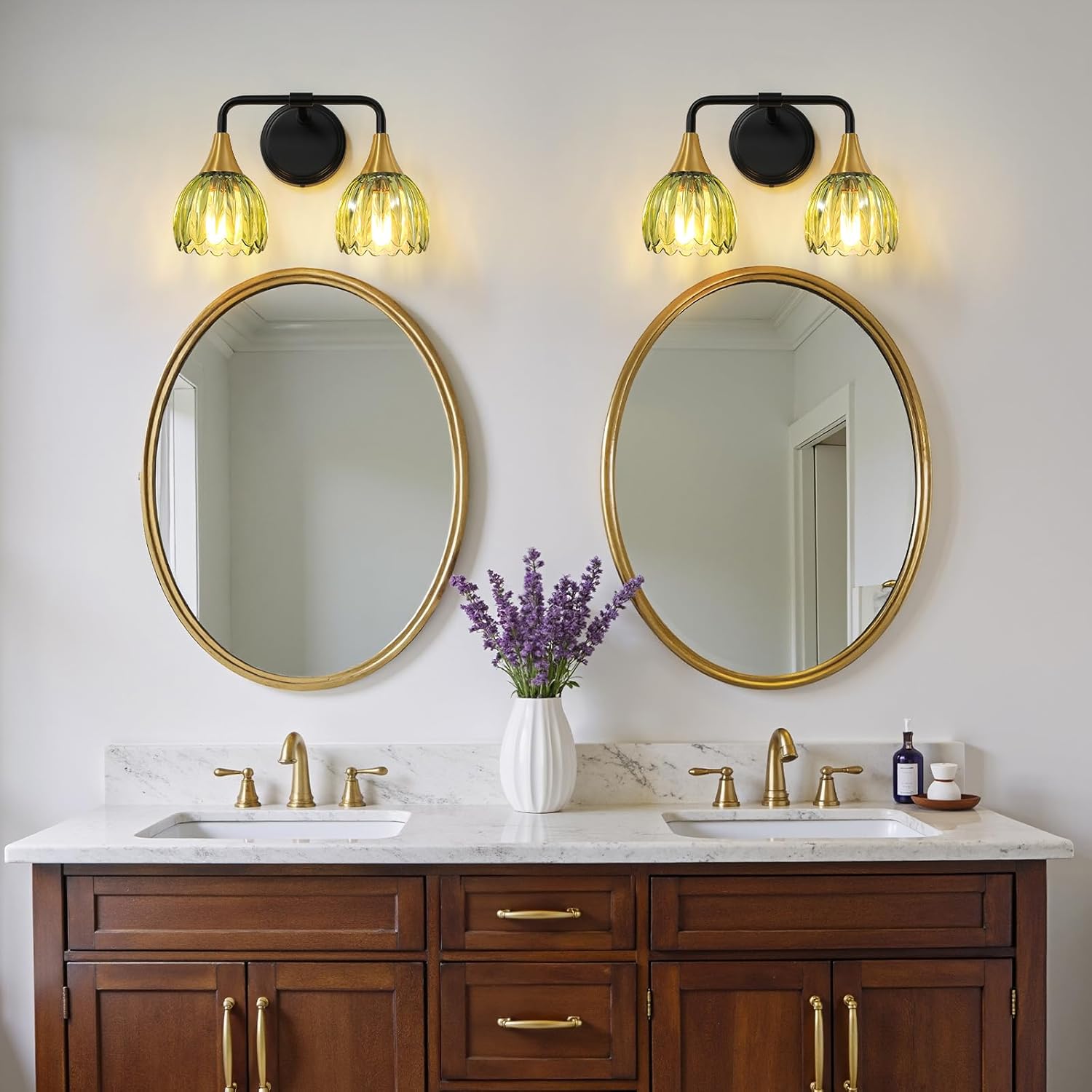 Bathroom Vanity Light Fixtures: 2-Lights Vintage Bathroom Lights Over Mirror with Ribbed Green Tulip Glass Shade - 14 inch Black and Gold Wall Sconce Bath Lighting