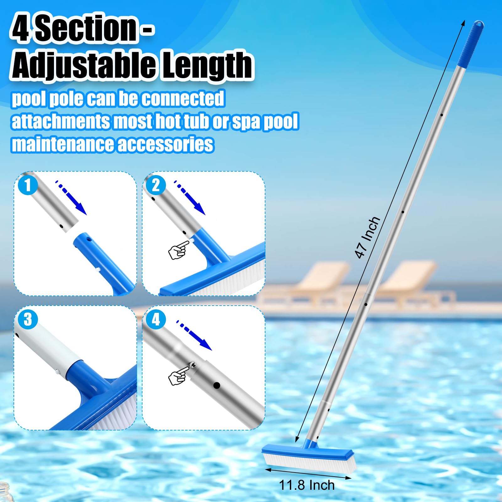 Tioncy Kit de nettoyage de piscine 4 pièces comprenant une tête de brosse de piscine de 30 cm avec manche en aluminium de 119,4 cm, une brosse à récurer à la main et des éponges à récurer pour spa