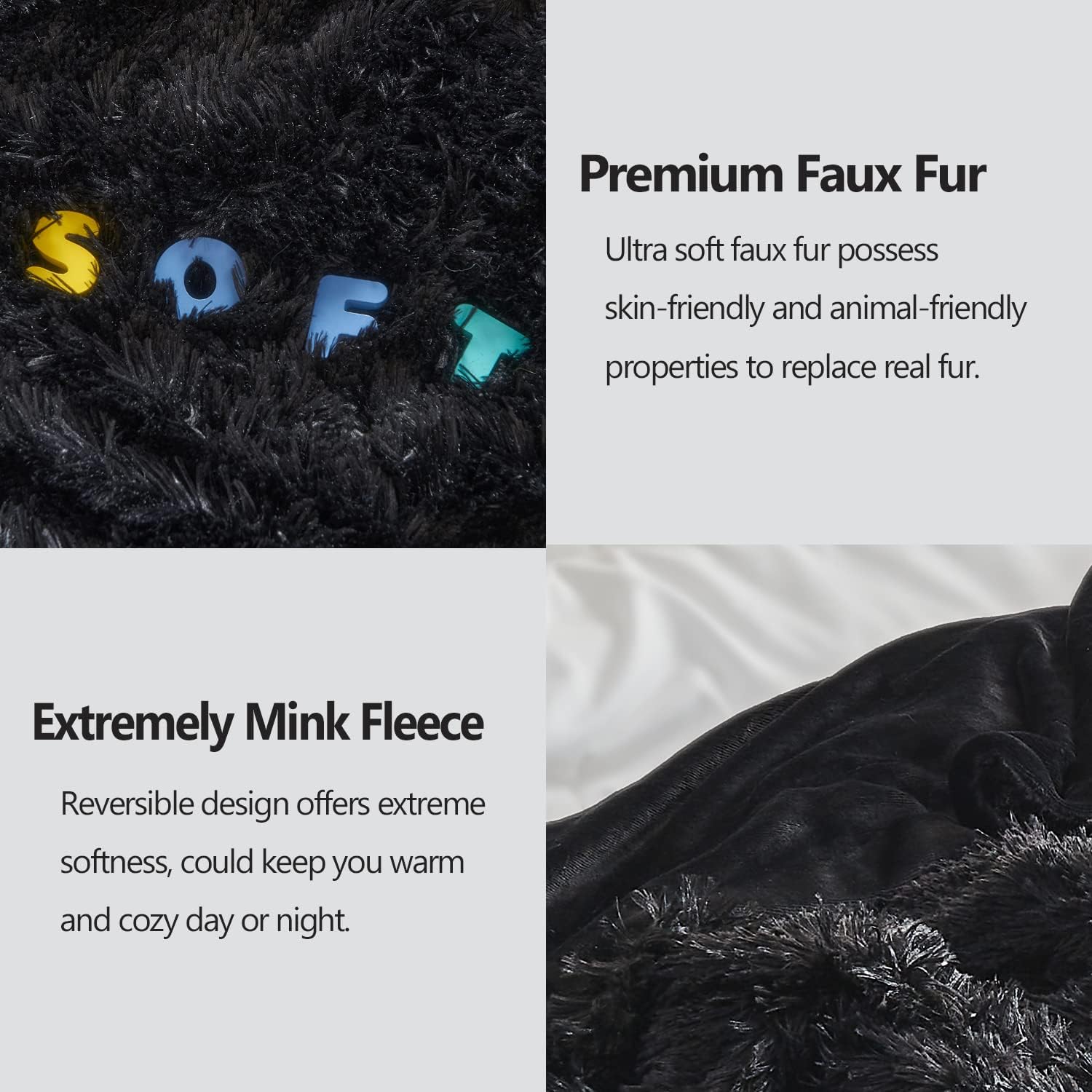 GONAAP Fuzzy Faux Fur Throw Blanket Twin Size Black Super Soft Cozy Plush Fuzzy Shaggy Blanket for Couch Sofa Bed (Black, Twin(60"x80")) - Image 6