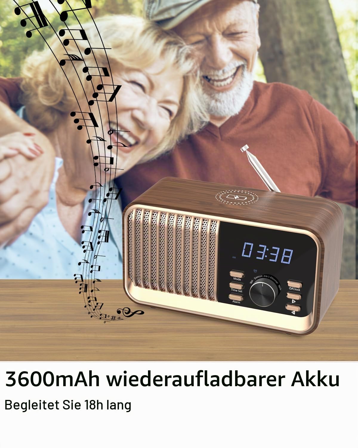 MONODEAL Radiowecker mit Ladefunktion, FM Radio mit Bluetooth Lautsprecher(8W), Schlummerfunktion, USB-Anschluss, TF-Kartensteckplatz, Dimmfunktion für das Schlafzimmer