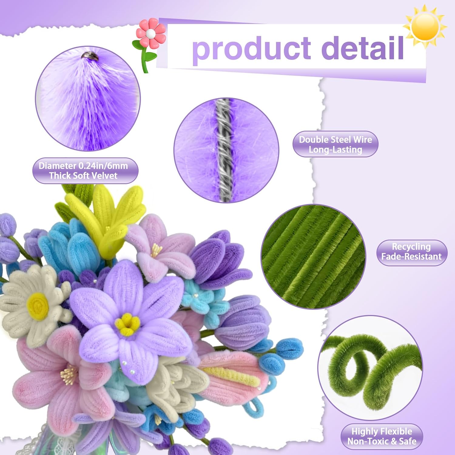976PCS Pipe Cleaners,Pipe Cleaner Bulk Flowers Kit,7 Colors Chenille Stems for Flower Bouquet Making with Craft Wire,Stamen,Tape,Ribbon & More for DIY Projects & Arts (Spring Colour)