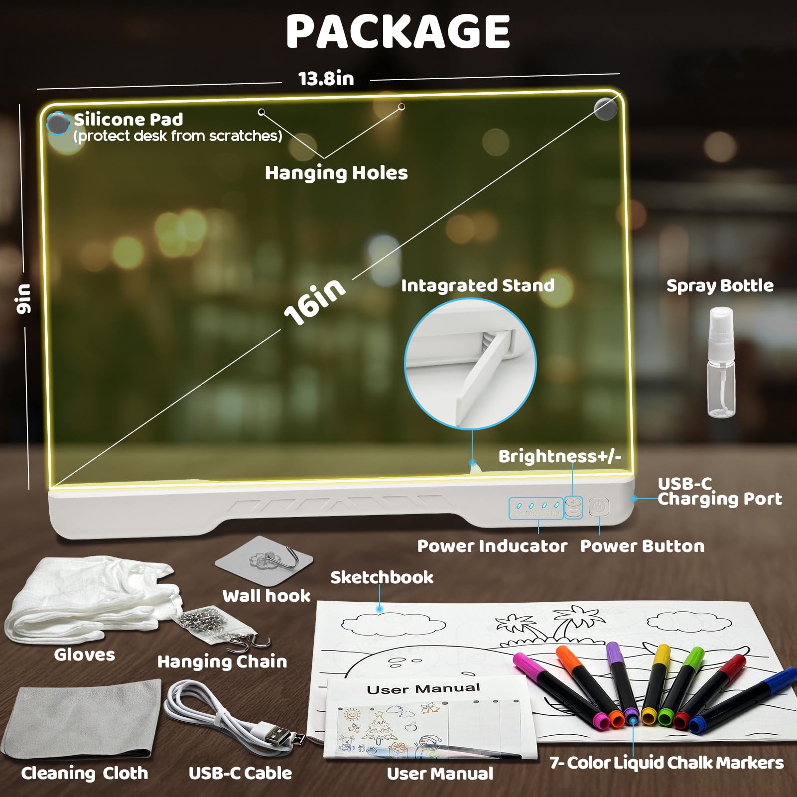 Idealife LED Zeichenbrett Wiederaufladbar für Jungen & Mädchen | 3mm Wiederverwendbare Maltafel mit 7 Lichtfarben & 3 Blinkmodi, 10 Helligkeitsstufen, Kreatives Lernspielzeug als Geschenk