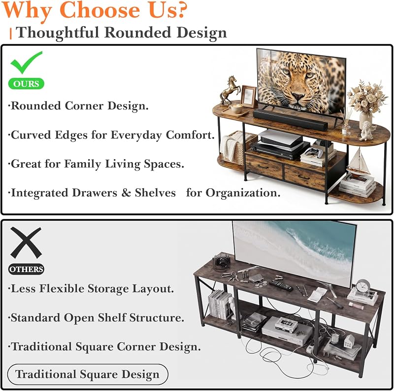 Faesun 55" TV Stand for TVs up to 55 Inches, Curved Edge Media Console & Entertainment Center with 2 Fabric Drawers, Modern TV Console Table for Living Room or Bedroom, RusticBrown image 7