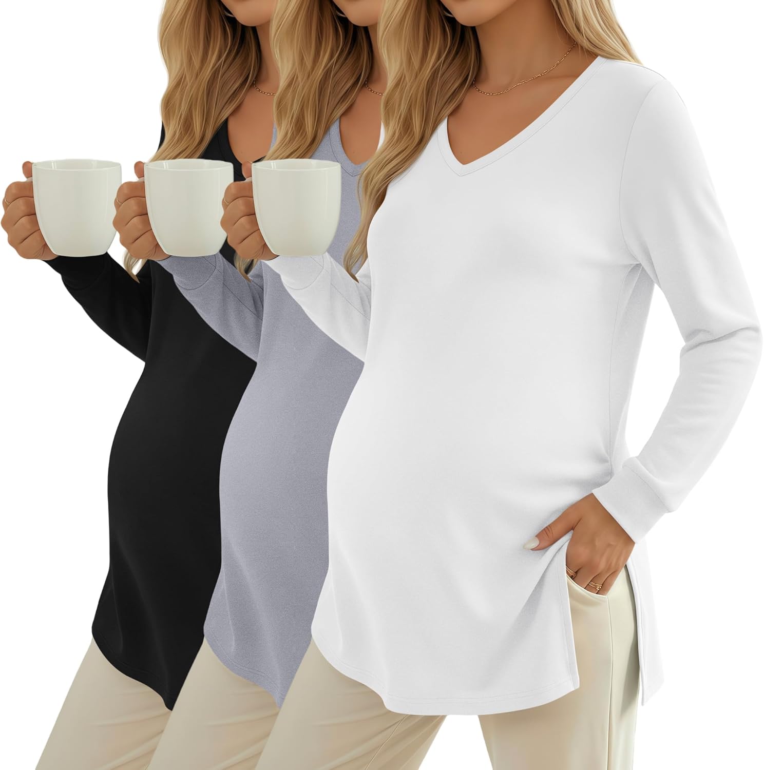 Huukeay 3 Pack Women's Thermal Maternity Shirts Long Sleeve Fleece Lined Pregnancy Tops Split Side V Neck Maternity Clothes