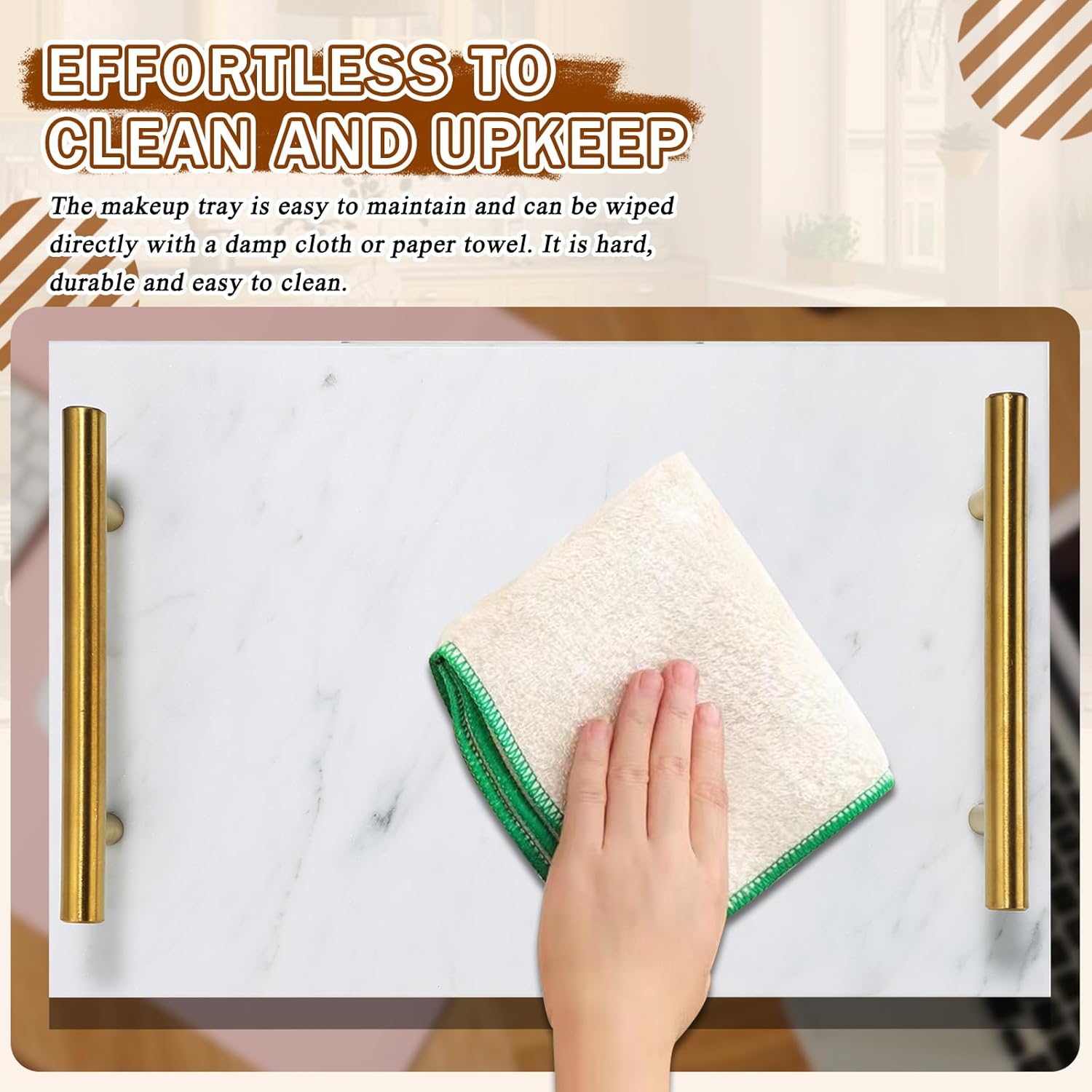 MAOPINER Marble Stone Decorative Perfume Tray with Copper Color Metal Handles, Handmade Jewellery Catchall Trinket Tray for Counter, Vanity, Dresser, Nightstand and Desk (White)