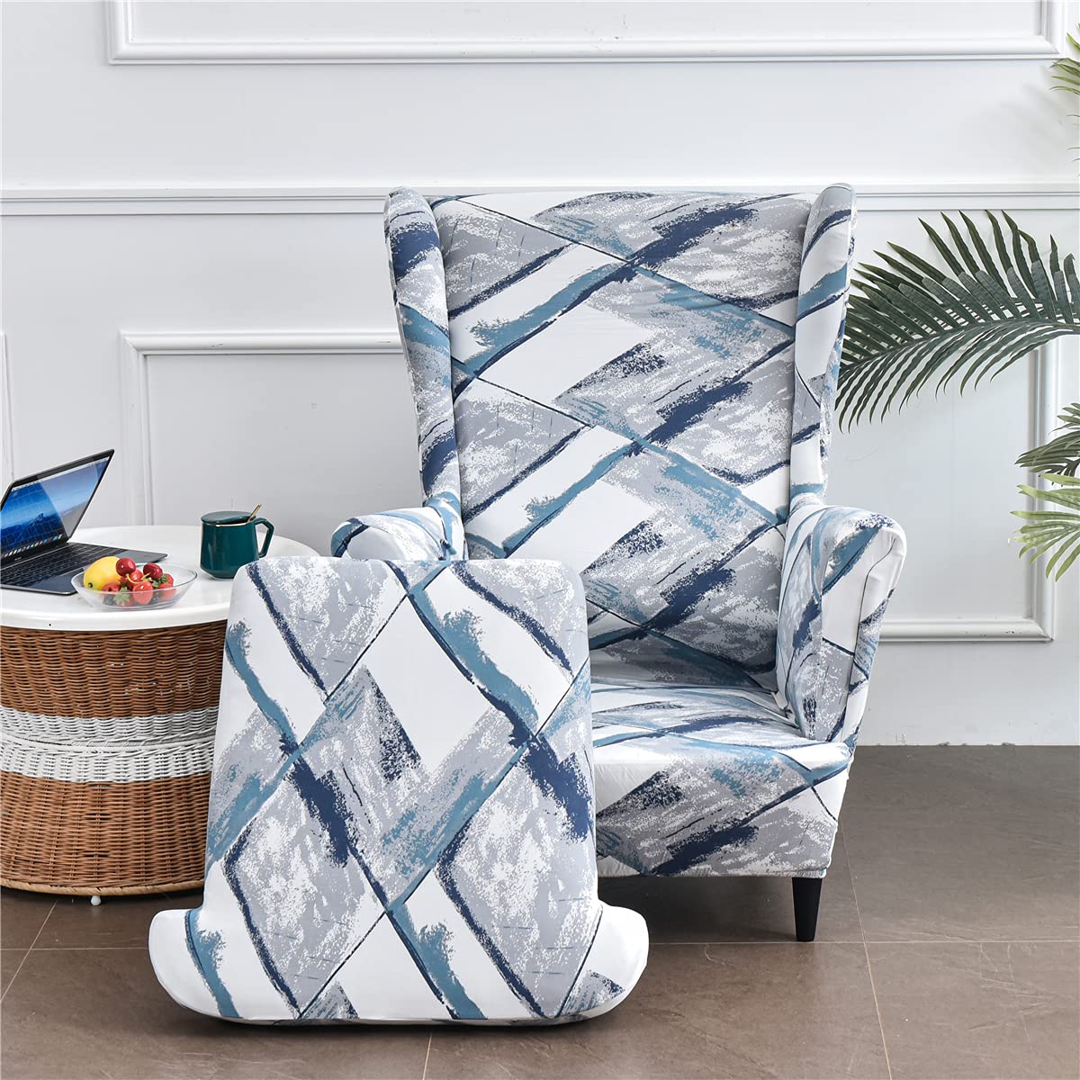 WJHDWYD 2 Pieces Stretch Wingback Chair Slipcover, 1 Seater Sofa Cover with Cushion Cover, Washable Removable for Bar Living Room Bedroom Reception(Acquerello Blu)