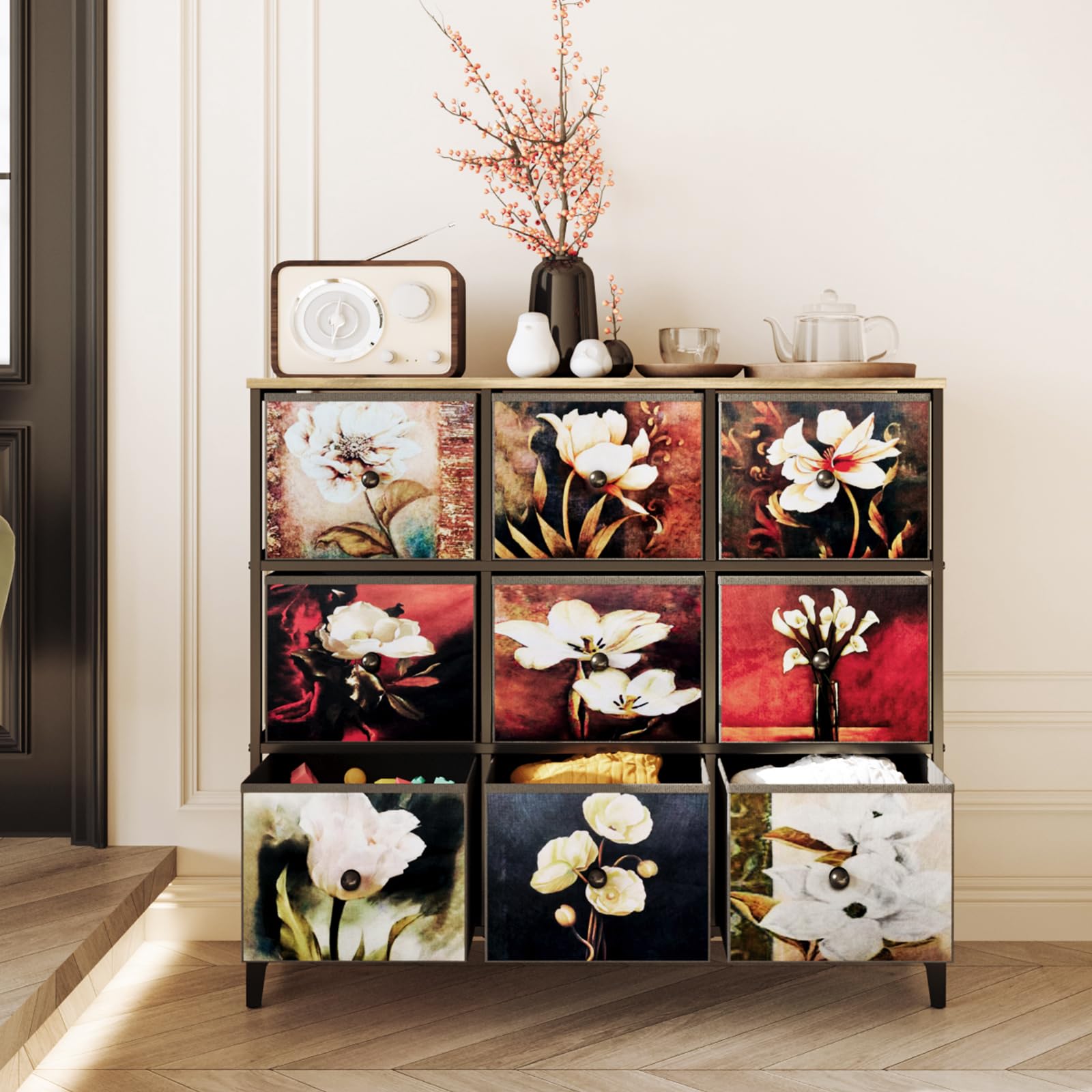 Fabric Dresser for Living Room, Tall Dresser with 9 Printed Drawers for Kids, Sturdy Metal Frame, Small Dresser Organizer for Closet, Wood Top