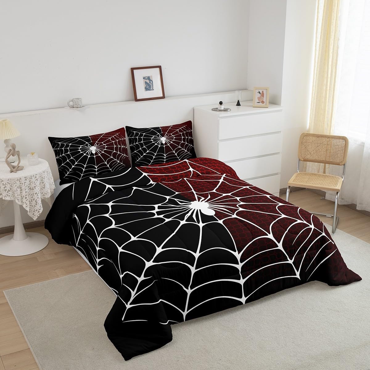 Spider Web Comforter Set Full Size, Black and Red Halloween Bedding Set 3pcs, White Spider Arachnid Insect Animal Down Comforter for All Season, Kids Boys Teens Room Decor, 2 Pillowcases, No Sheets - Image 5