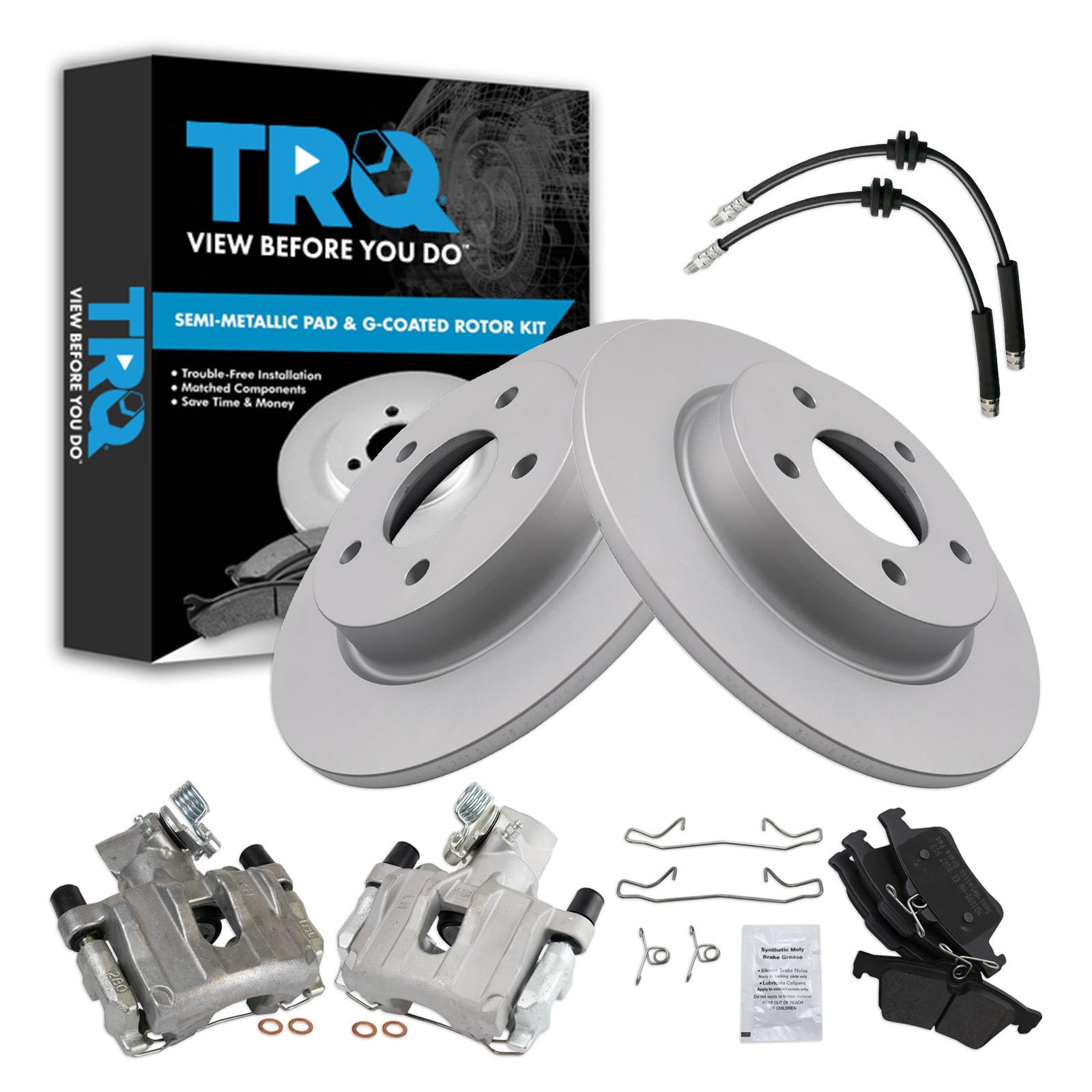 TRQ Rear Brake Pad and Rotor Set Semi Metallic G Coated Rotors Calipers Compatible with 2006-2008 Mazda 3