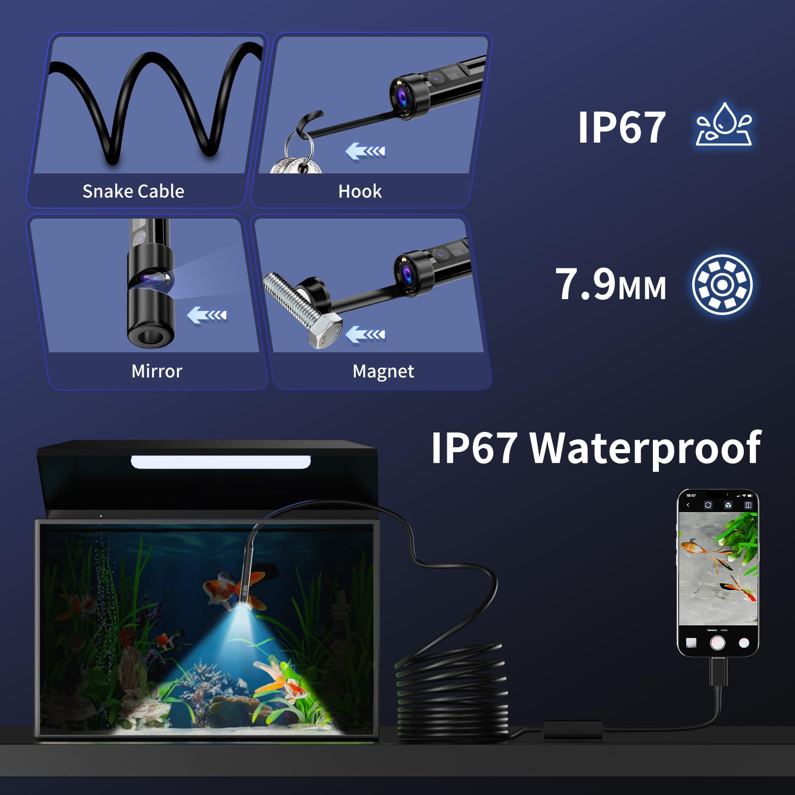 Telecamera endoscopica con luce, 1920P HD, periscopio con 8 LED regolabili, IP67, impermeabile, cavo a serpente semirigido per Android, iPhone e iPad (10 m, doppia lente)