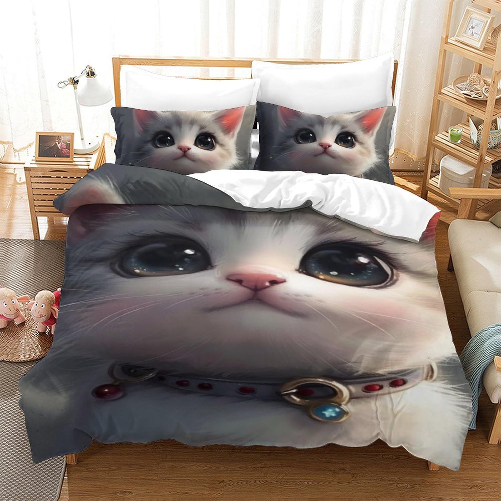 Housse de couette 140x200 chat 3D douce et facile d'entretien avec fermeture éclair