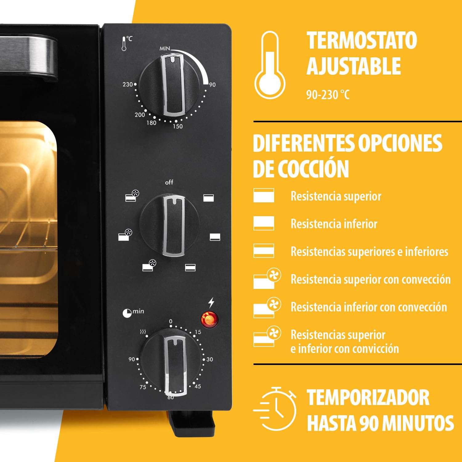 Tristar Horno de Convección, 27L Capacidad, 1500W, 6 Funciones, Temporizador 90 Min, Termostato 90–230 °C, Puerta Doble Cristal, Luz Interior, Accesorios Incluidos, OV-3627