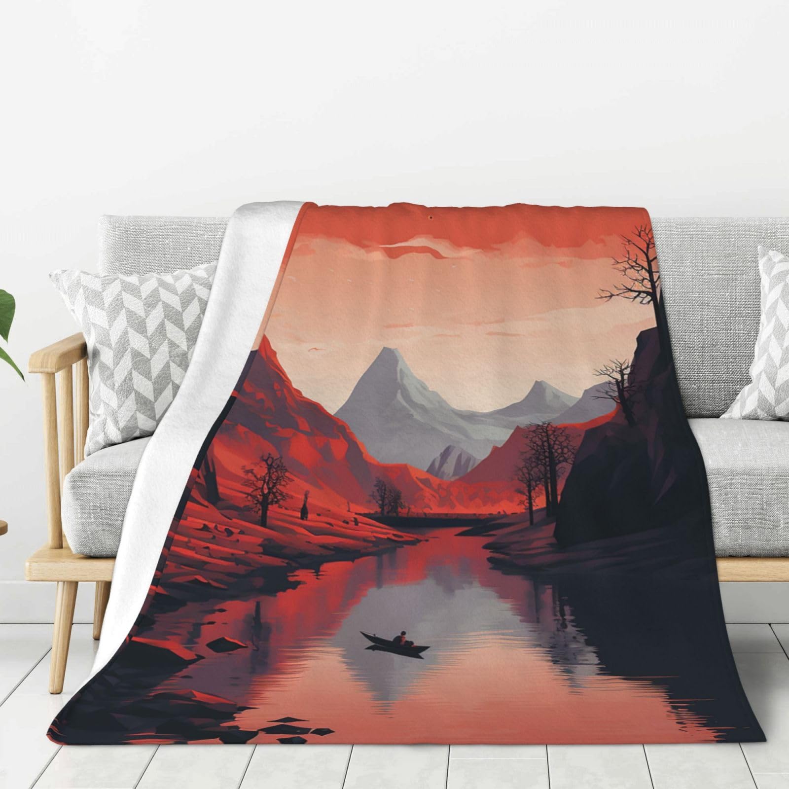 Couverture en flanelle imprimée pour canapé – Couverture en flanelle douce, confortable et légère en microfibre pour toutes les saisons – Rouge montagne et bateau