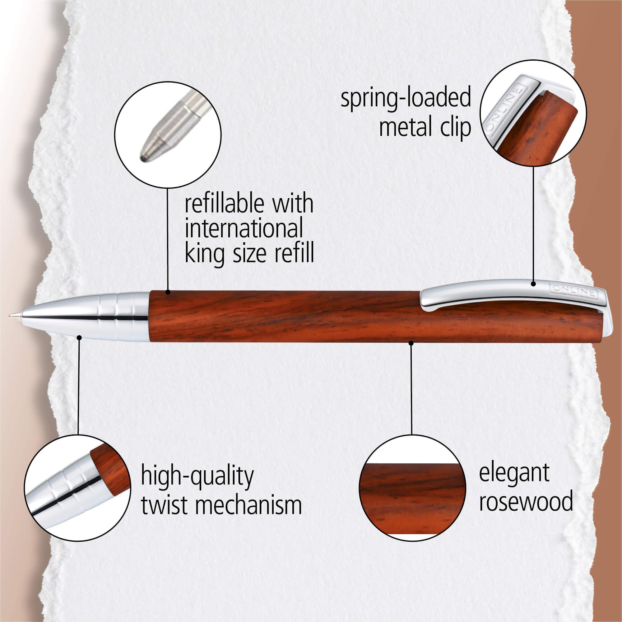ONLINE Vision Nature Rosewood ballpoint pen I elegant twist ballpoint pen made of wood and metal I with international king size refill I nib size M (medium) I writing colour black I in gift box - Image 4