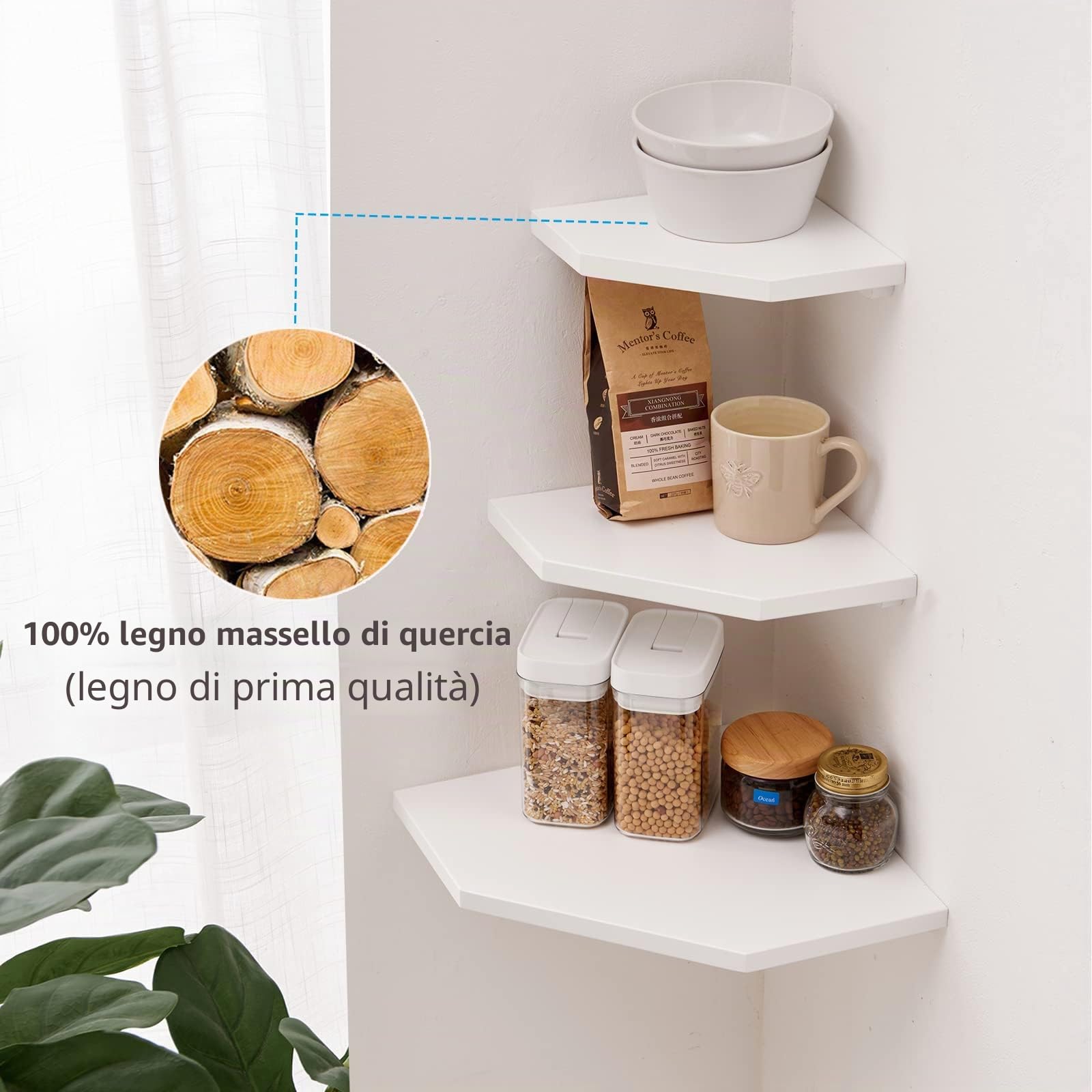 Set di 2 mensole angolari bianche in legno massello di quercia bianca, mensole ad angolo galleggianti, organizer da parete con foro per filo metallico, per esporre piccole piante, per cucina