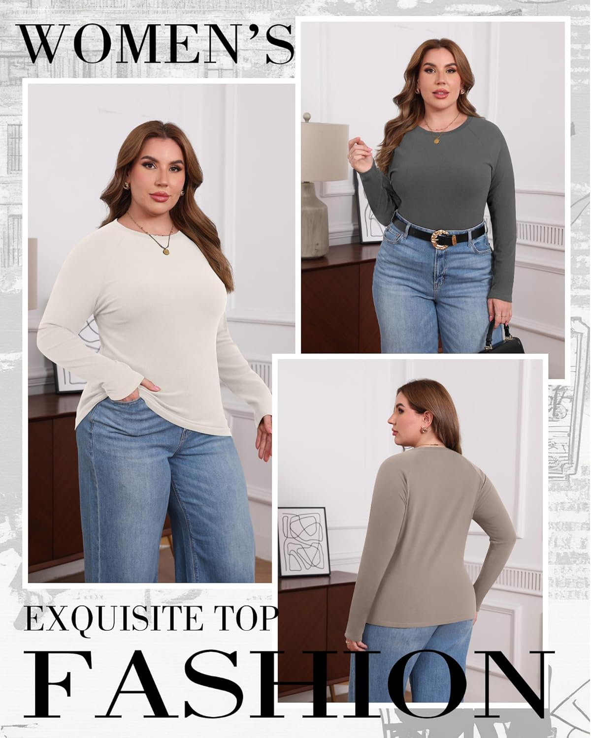 3 Pack Women's Plus Size Thermal Shirts Raglan Sleeve Crew Neck Fleece Lined Tops Long Sleeve Base Layer Underwear - Image 5
