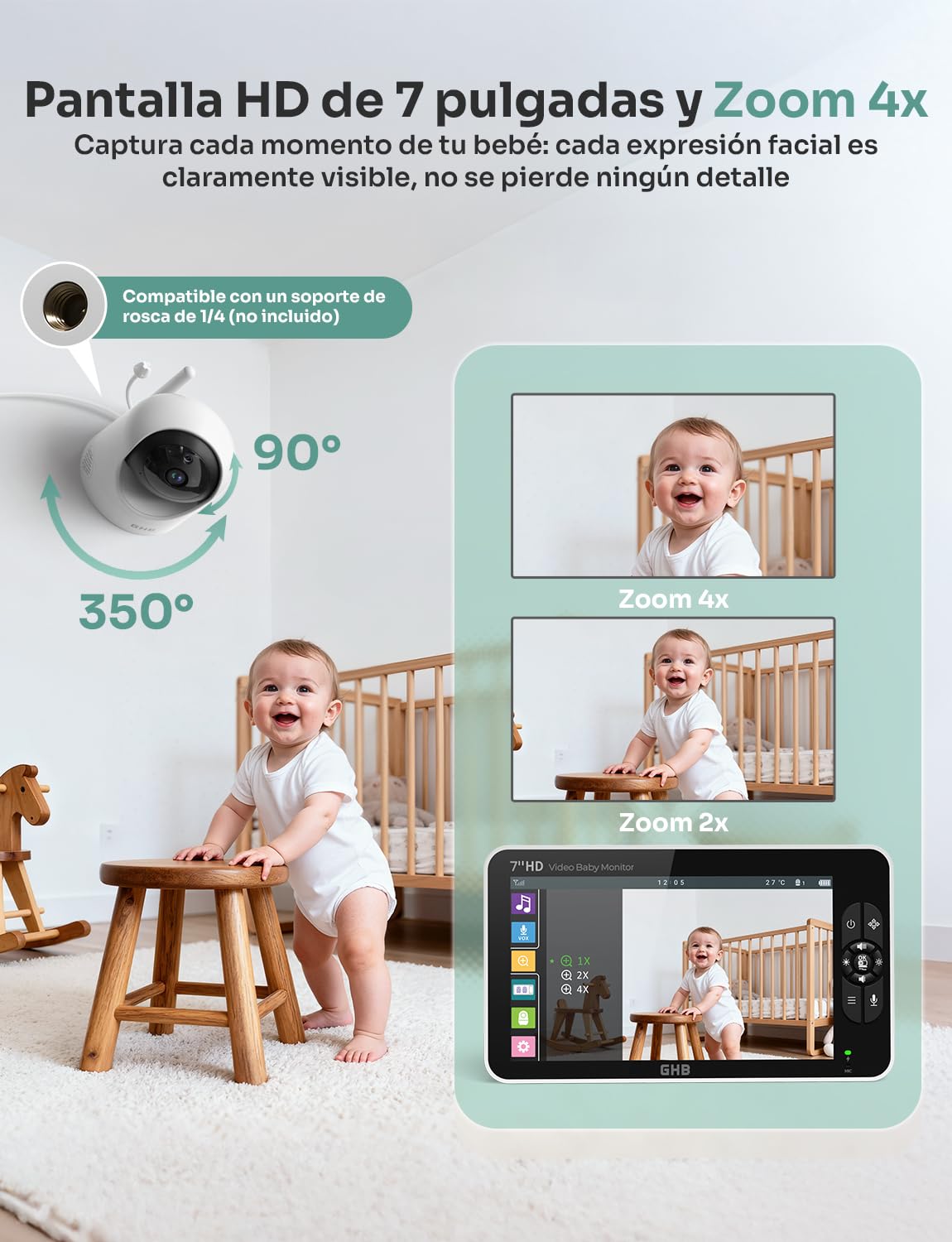 GHB Camara Vigilacia Bebe 7 Pulgadas IPS 1080P Pantalla Duración 168 Horas Batería de 4000mAh Vigilabebes Soporta 2 Cámaras 4×Zoom, Comunicación Bidirecciona Escucha Bebe