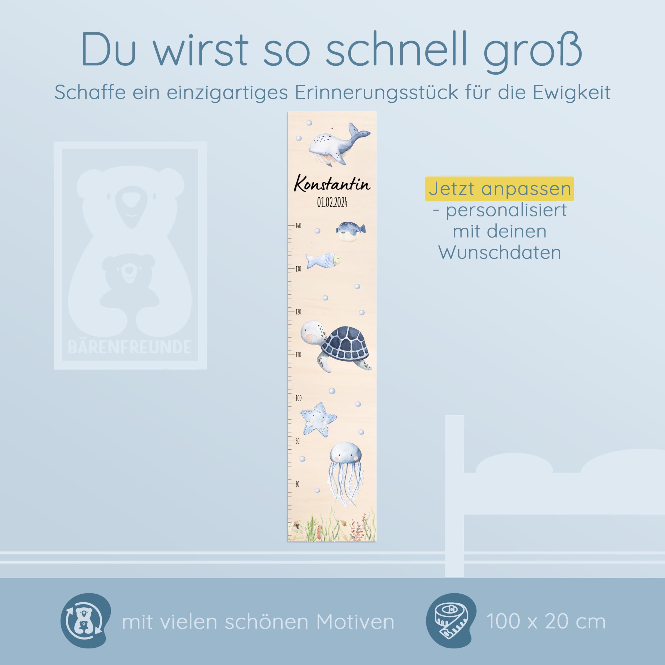 Bärenfreunde® - Personalisierte Messlatte Kind Holz zum Kleben oder Aufhängen - Skala 70-140cm - Süße Dekoration für Baby- & Kleinkinderzimmer (Kinder 70-140cm, Schildkröte blau)